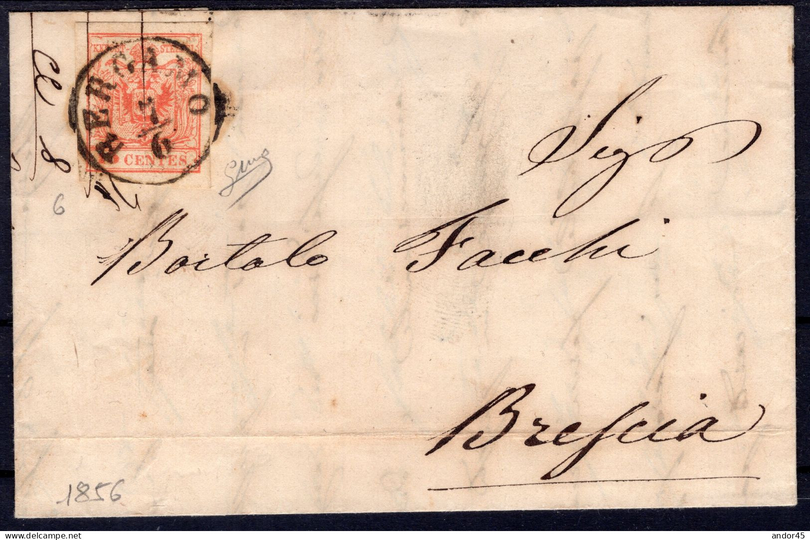 1856 7 GIU  C.15  I°EMISSIONE  III TIPO  SASS.6 CON MARGINI BELLISSIMI  USATO  SU PIEGO DI LETTERA CON TESTO  DA BERGAMO - Lombardo-Vénétie