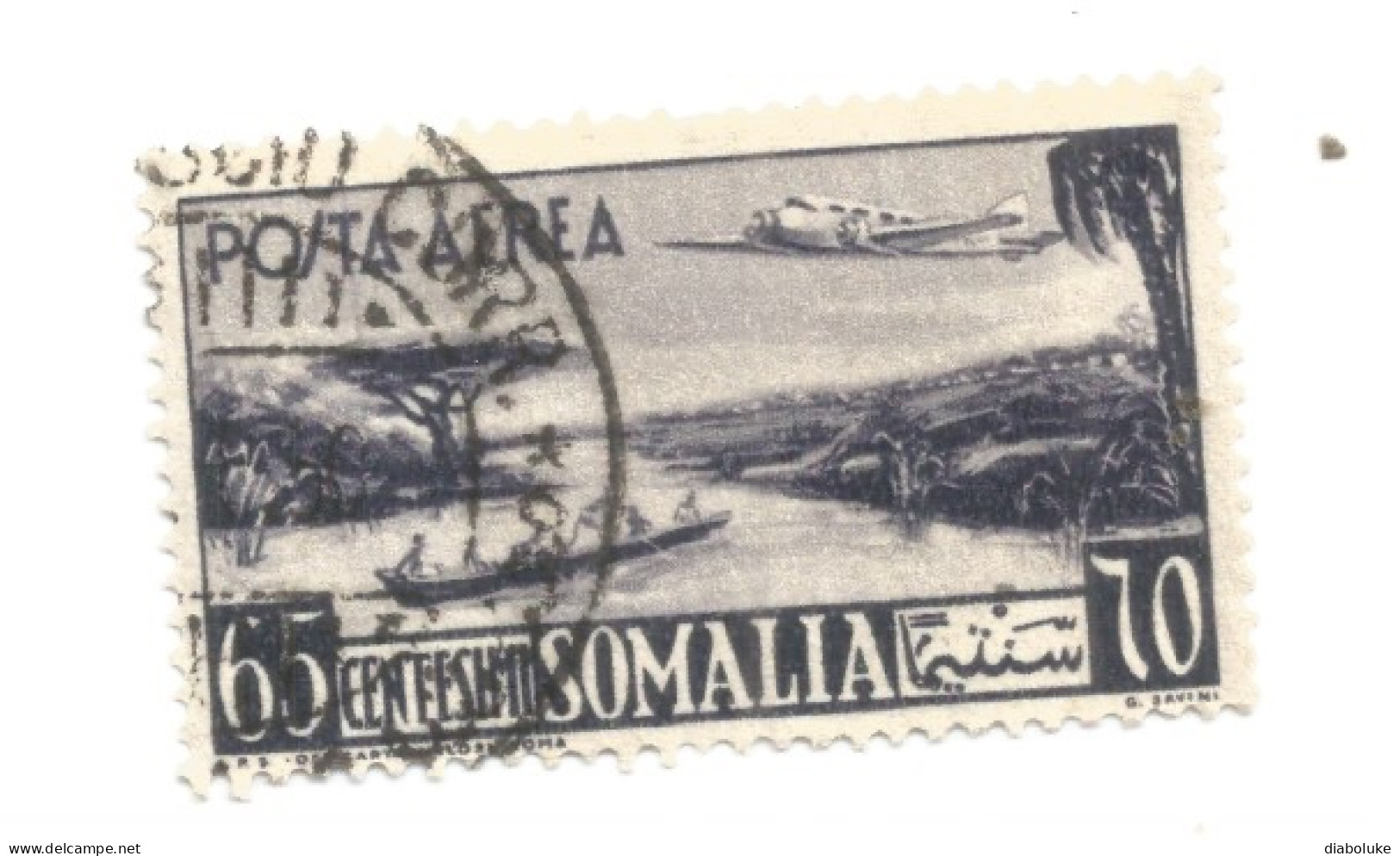 (COLONIE E POSSEDIMENTI) 1950-1951, SOMALIA AFIS, POSTA AEREA, AEREO E VEDUTA, 65c - 1 Francobollo (CAT. SASSONE N.3) - Somalië (AFIS)