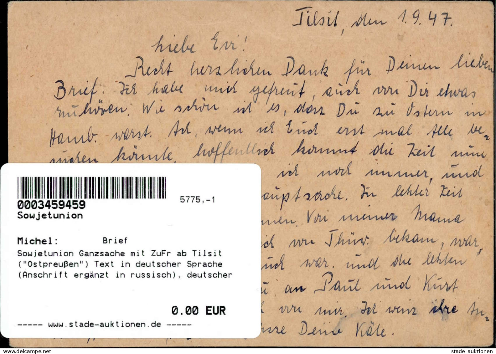 Sowjetunion Ganzsache Mit ZuFr Ab Tilsit (Ostpreußen") Text In Deutscher Sprache (Anschrift Ergänzt In Russisch), Deutsc - Sonstige & Ohne Zuordnung