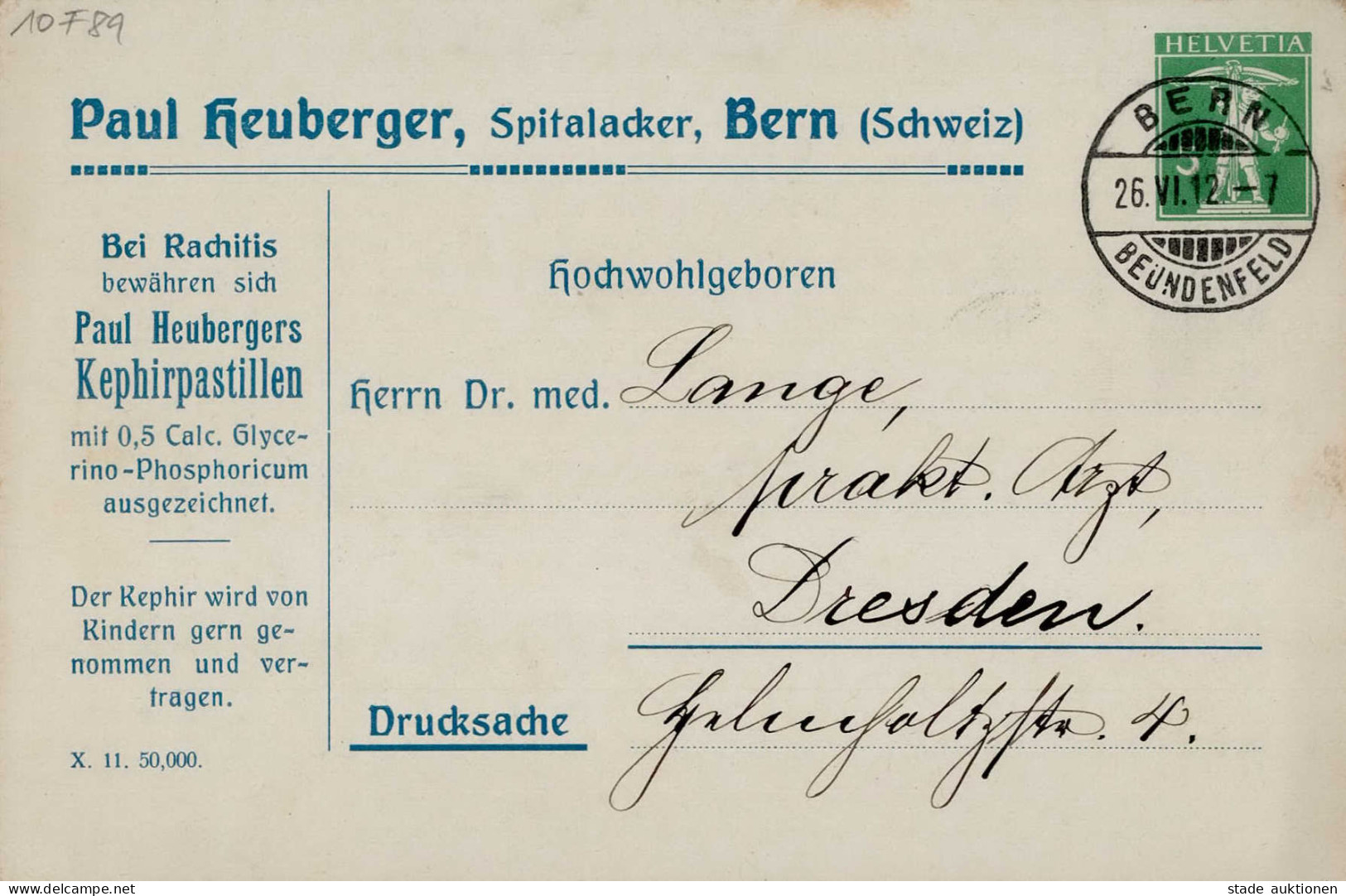 Schweiz Privat-Ganzsache Tellknabe 1912 Reklamekarte Paul Heuberger Kephirpastillen Bern - Autres - Europe