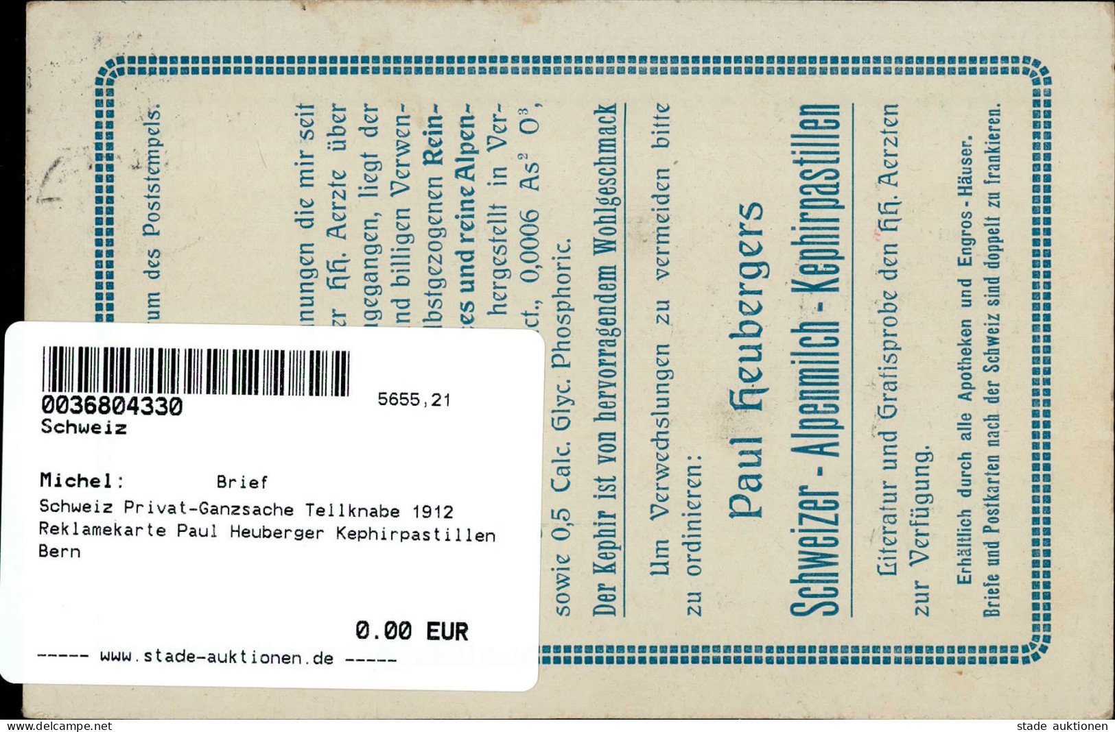 Schweiz Privat-Ganzsache Tellknabe 1912 Reklamekarte Paul Heuberger Kephirpastillen Bern - Autres - Europe