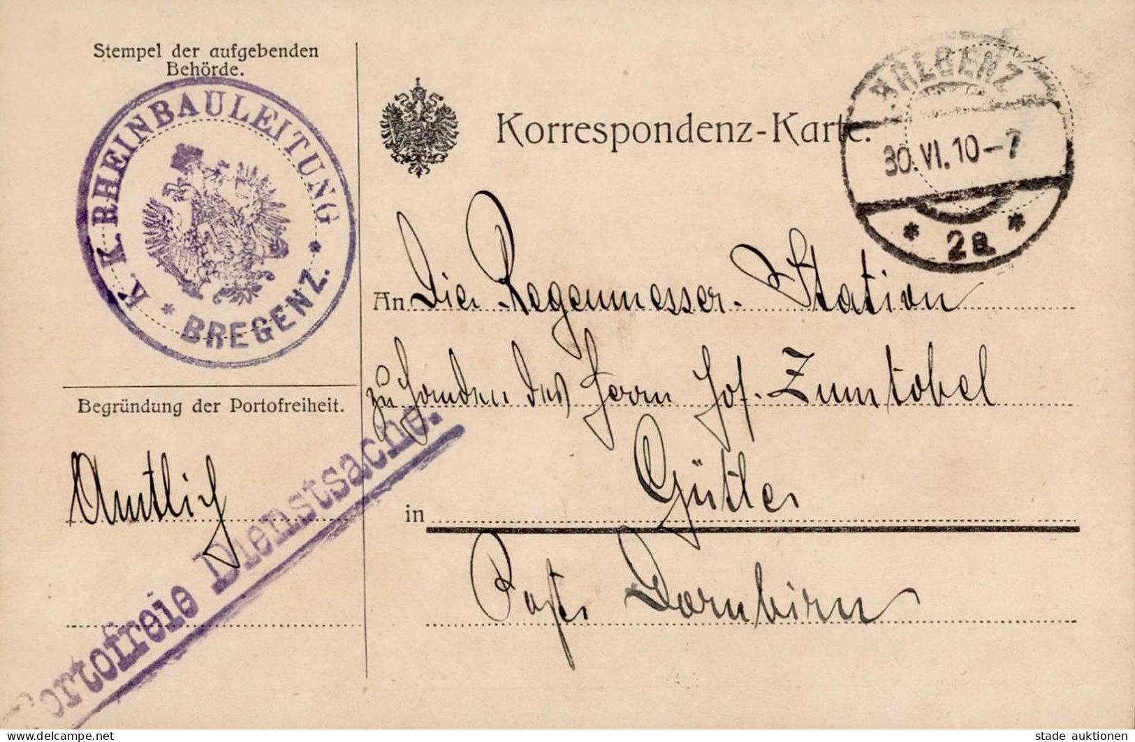 Österreich Dienstsache Der K. U. K. Rheinbauleitung Bregenz 1910 I - Sonstige - Europa