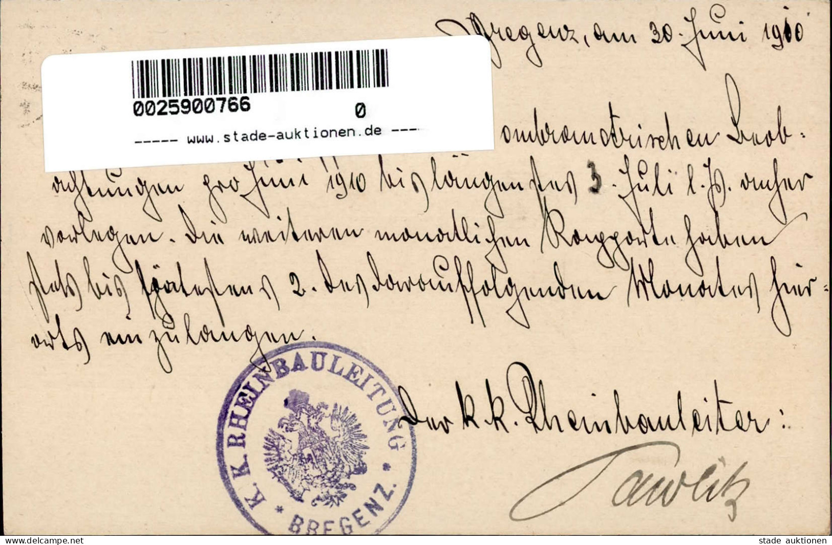 Österreich Dienstsache Der K. U. K. Rheinbauleitung Bregenz 1910 I - Sonstige - Europa