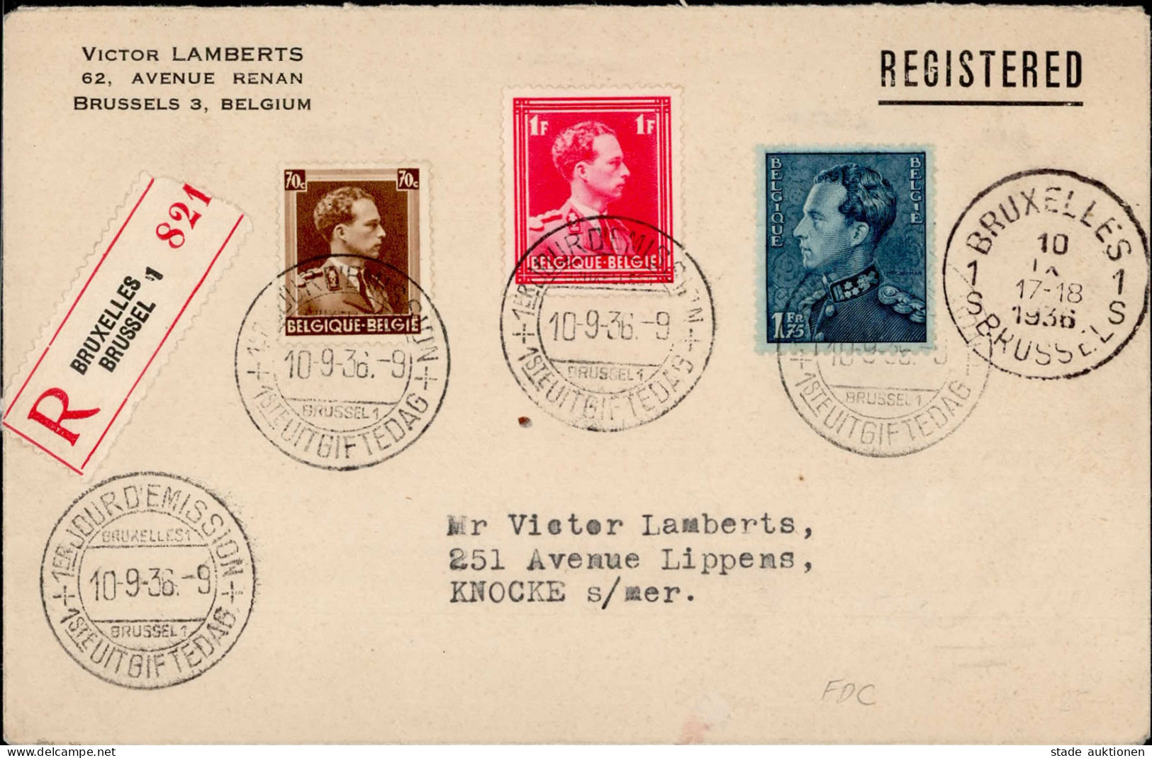 Belgien Freimarken König Leopold III. 1936 FDC R-Brief Mit Ersttagsstempel - Sonstige - Europa