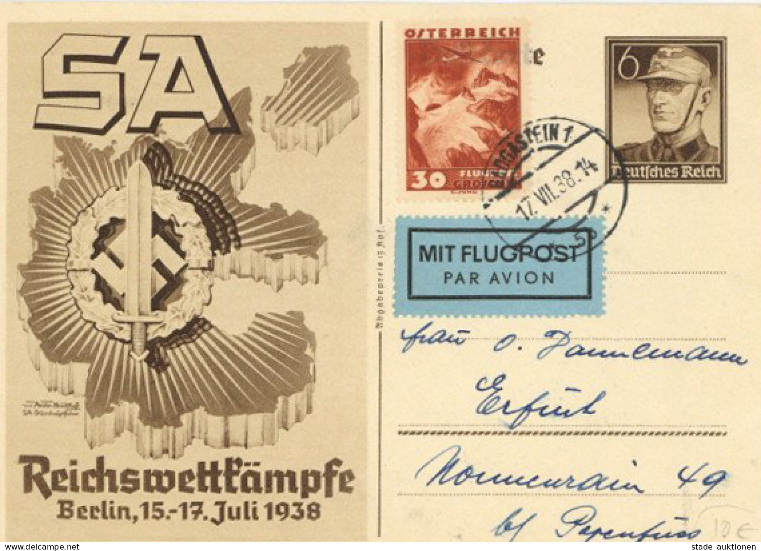 3. Reich/Ostmark SA-Ganzsache Mit österr. ZuFr Flugpost 1938 I-II - Europe (Other)