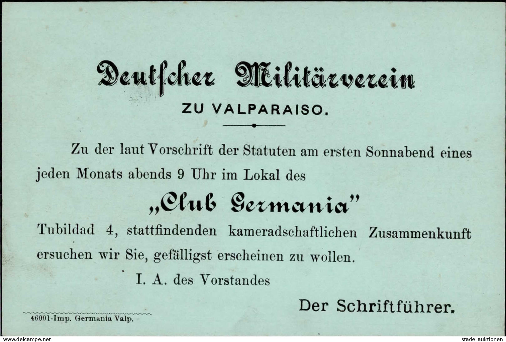 Chile Privat-Ganzsache Deutscher Militärverein Zu Valparaiso Club Germania - Autres - Amérique