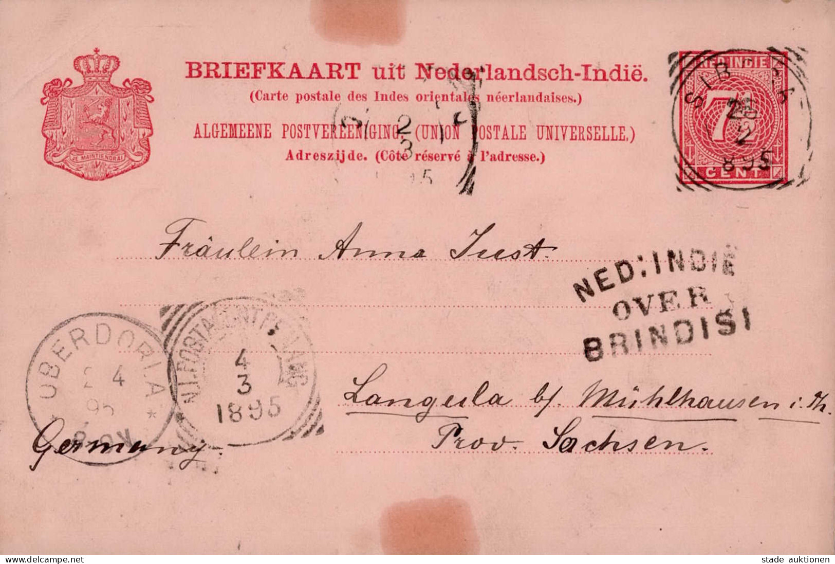 Nederlandsch Indie Ganzsache 1895 Neben-O NED INDIE OVER BRINDISI (Italien) Nach Langula (Eingangsstempel Oberdorla) Bed - Other & Unclassified