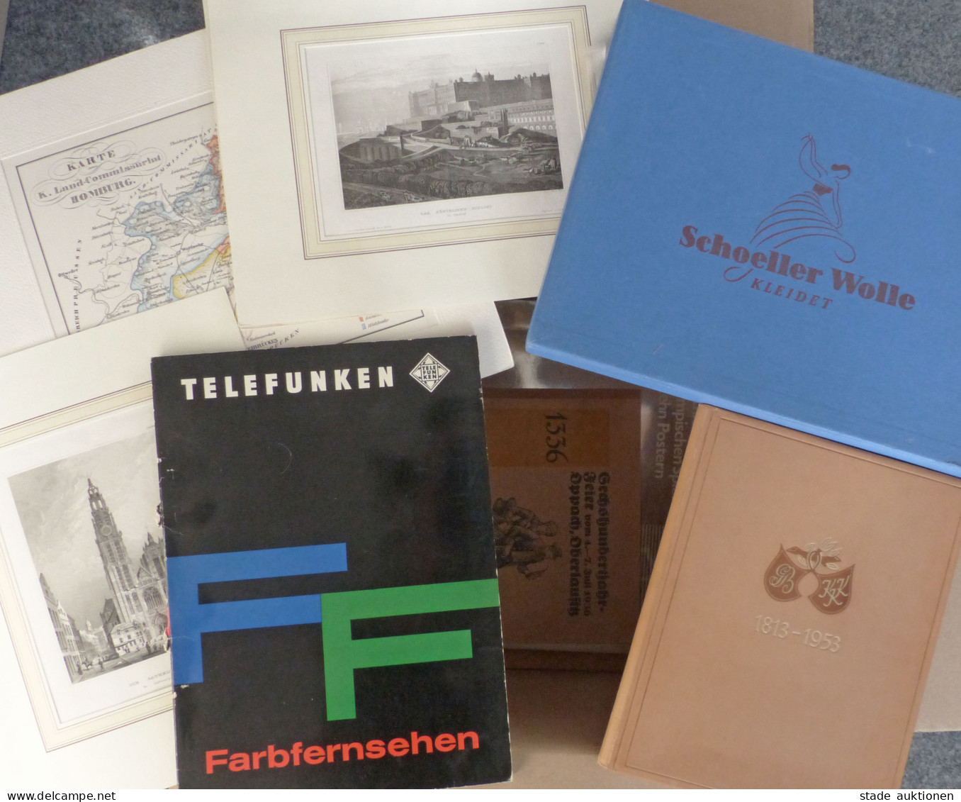 WUKI Grosser Karton Mit Büchern, Werbung, Stahlstiche Etc. II Publicite - Collections (sans Albums)