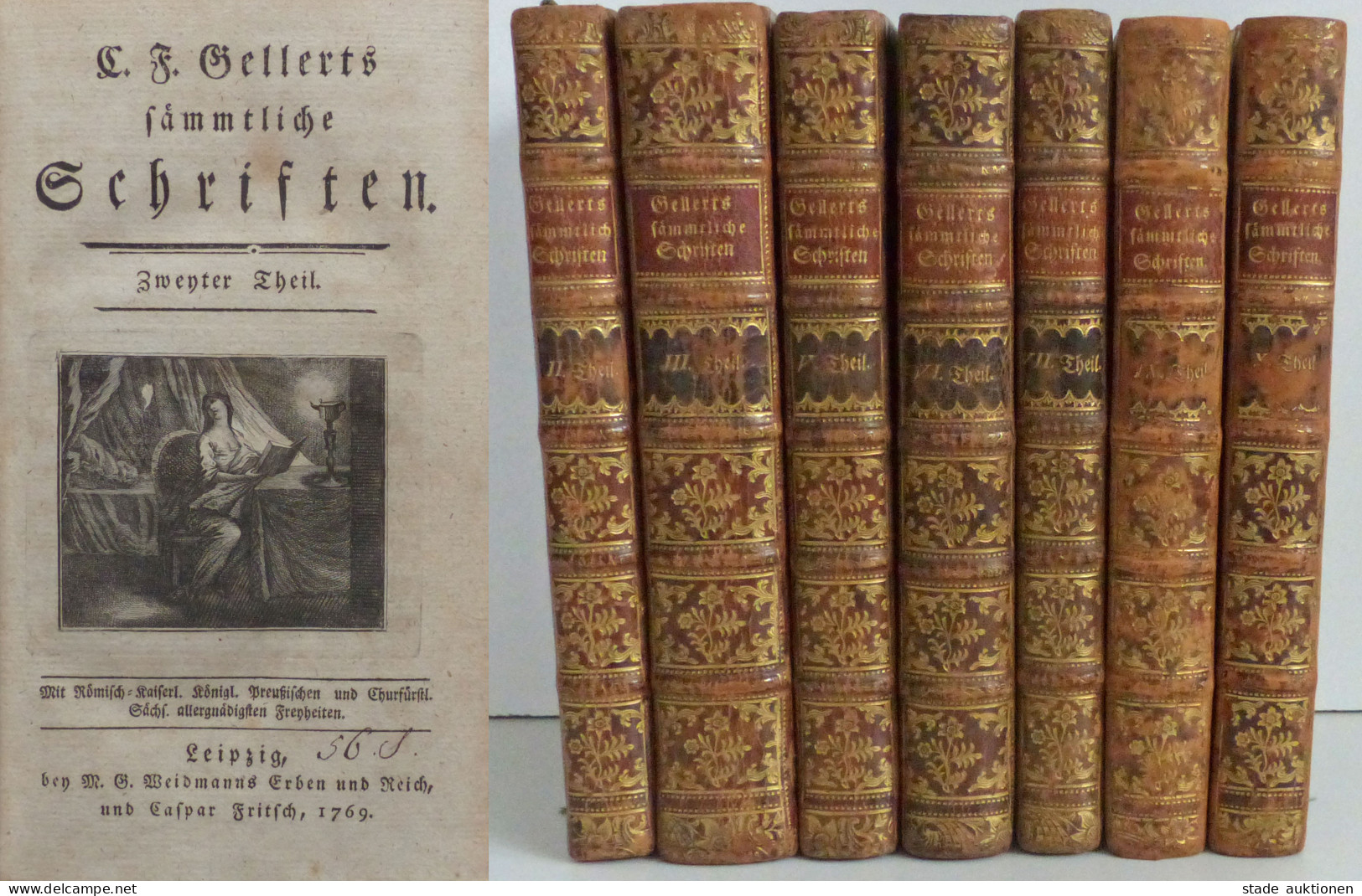 Buch Lot Mit 7 Büchern C.F. Gellerts Sämmtliche Schriften Band 2,3,5,6,7,9,10 Von 1769-1774, Verlag Weidmann Leipzig, Gl - Mecki