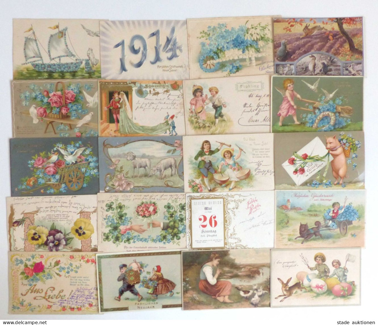 Glückwunsch Partie von circa 1150 Ansichtskarten, oft geprägt I-II
