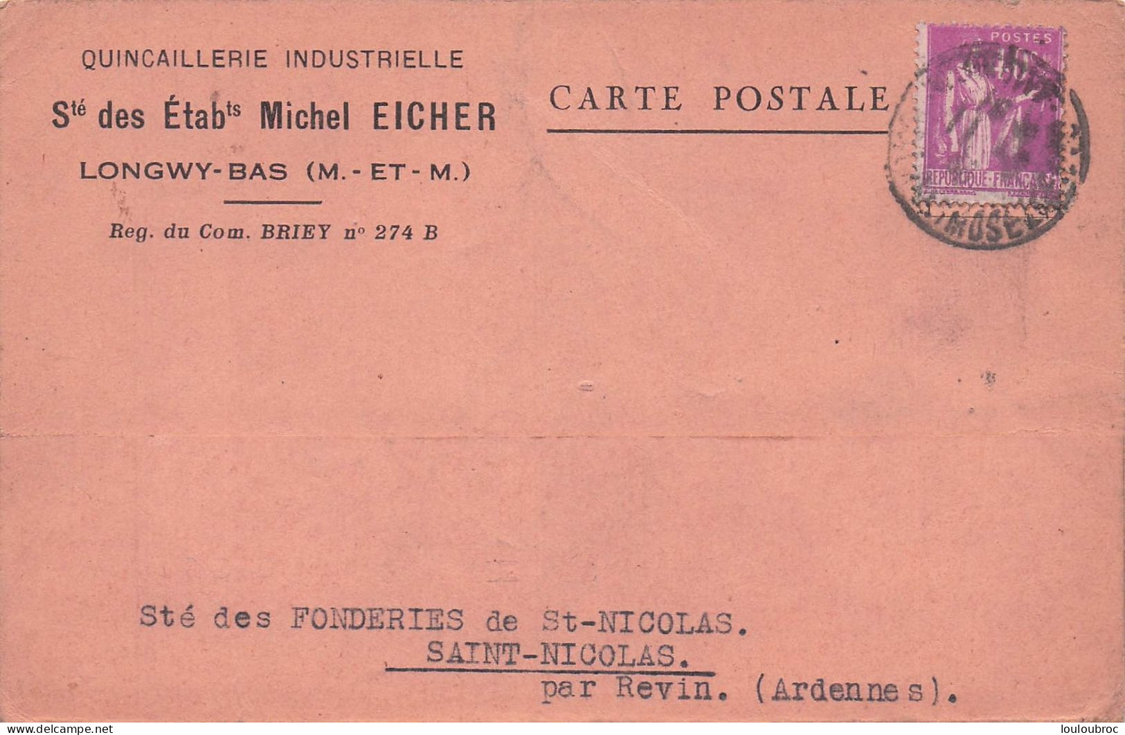 LONGWY BAS QUINCAILLERIE INDUSTRIELLE ETS MICHEL EICHER  CARTE ENVOYEE A REVIN 1936 R1 - Longwy