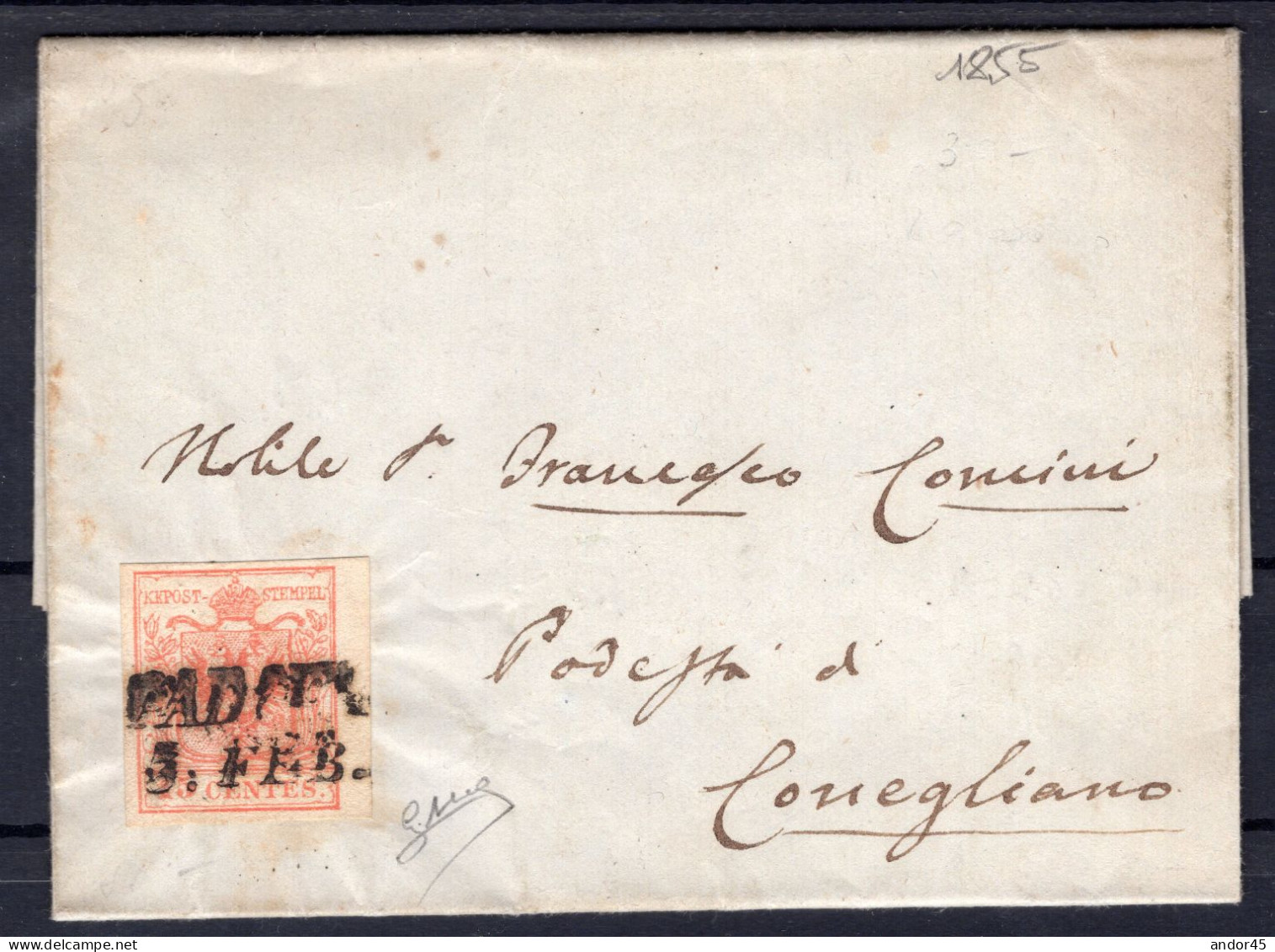 1855 5 FEB CARTA A MACCHINA C.15   III TIPO  SASS.20 CON MARGINI BELLISSIMI  USATO  SU PIEGO DI LETTERA CON TESTO  DA PA - Lombardo-Veneto