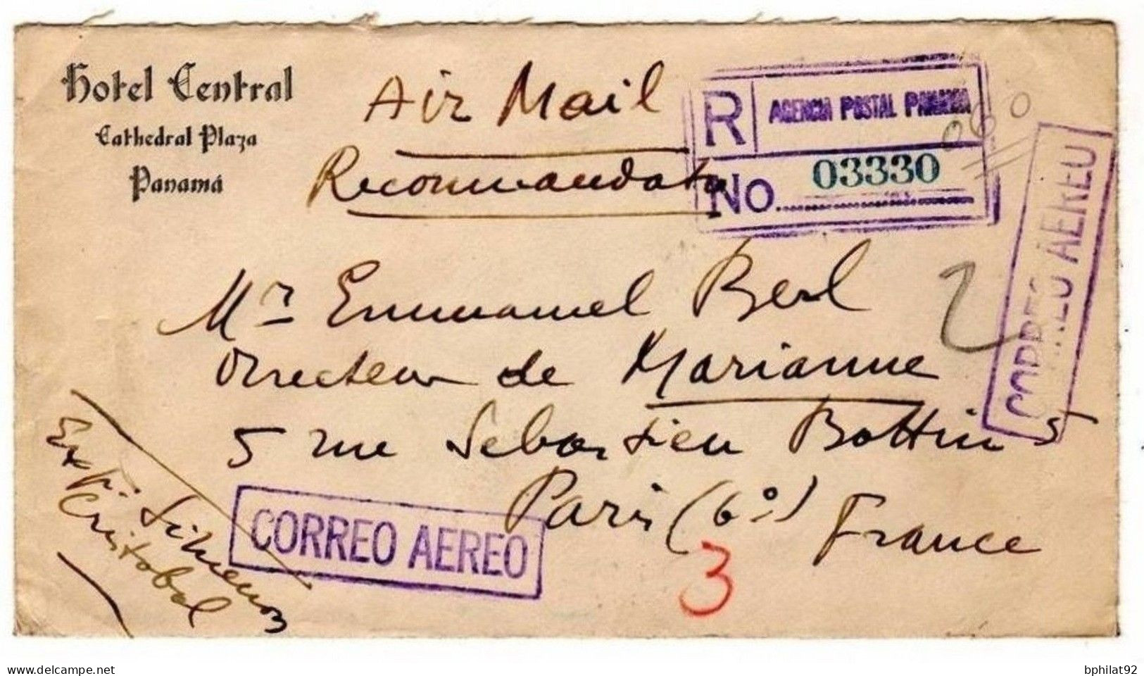 !!! LETTRE RECO PAR AVION DE PANAMA POUR LA FRANCE DE 1935, AFFRANCH AU DOS - Panama