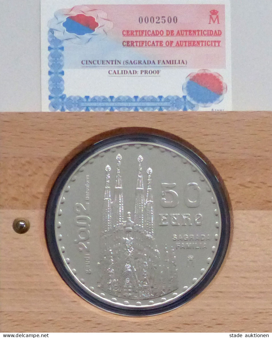 Münzen Silber-Medaille Spanien 50 EUR PP 2002 Auflg. 8000 Stk., Durchm.8 Cm In Sehr Schöner Holz-Schachtel I-II - Other & Unclassified
