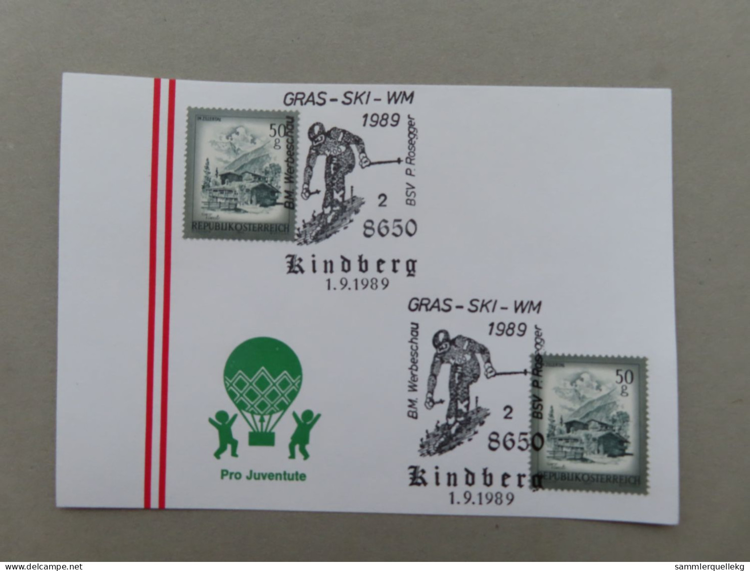 Österreich Pro Juventute - Mit Sonderstempel 1. 9. 1989 Kindberg, GRAS-SKI-WM (Nr.973) - Sonstige & Ohne Zuordnung