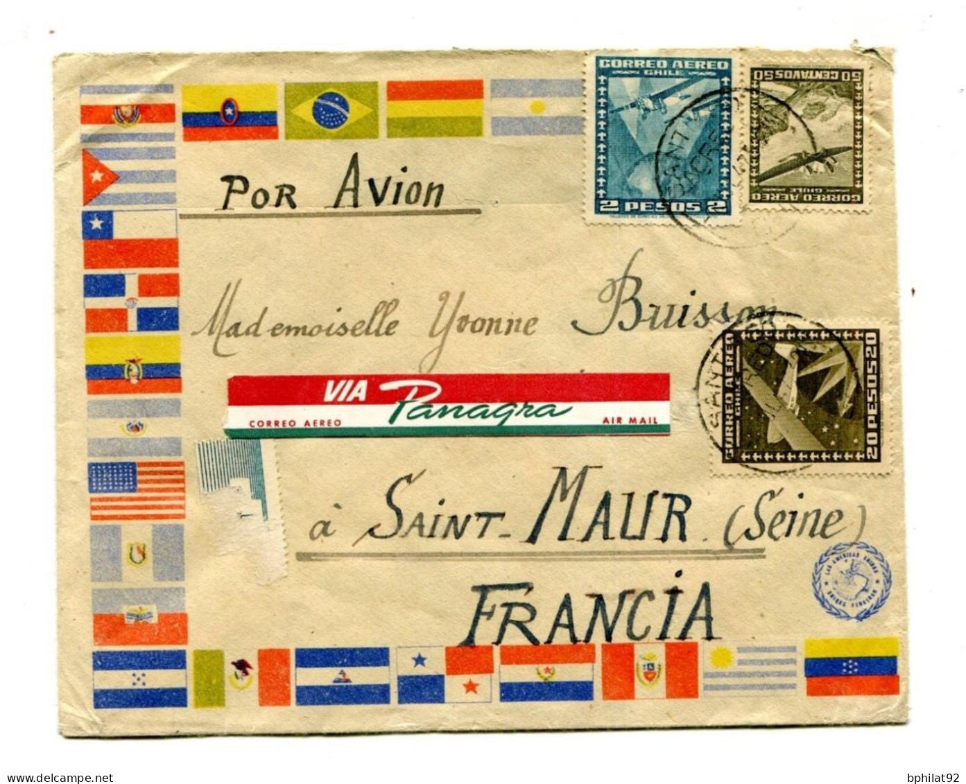 !!! LETTRE PAR AVION DE SANTIAGO POUR PARIS VIA PANAGRA DE 1947 - Chili