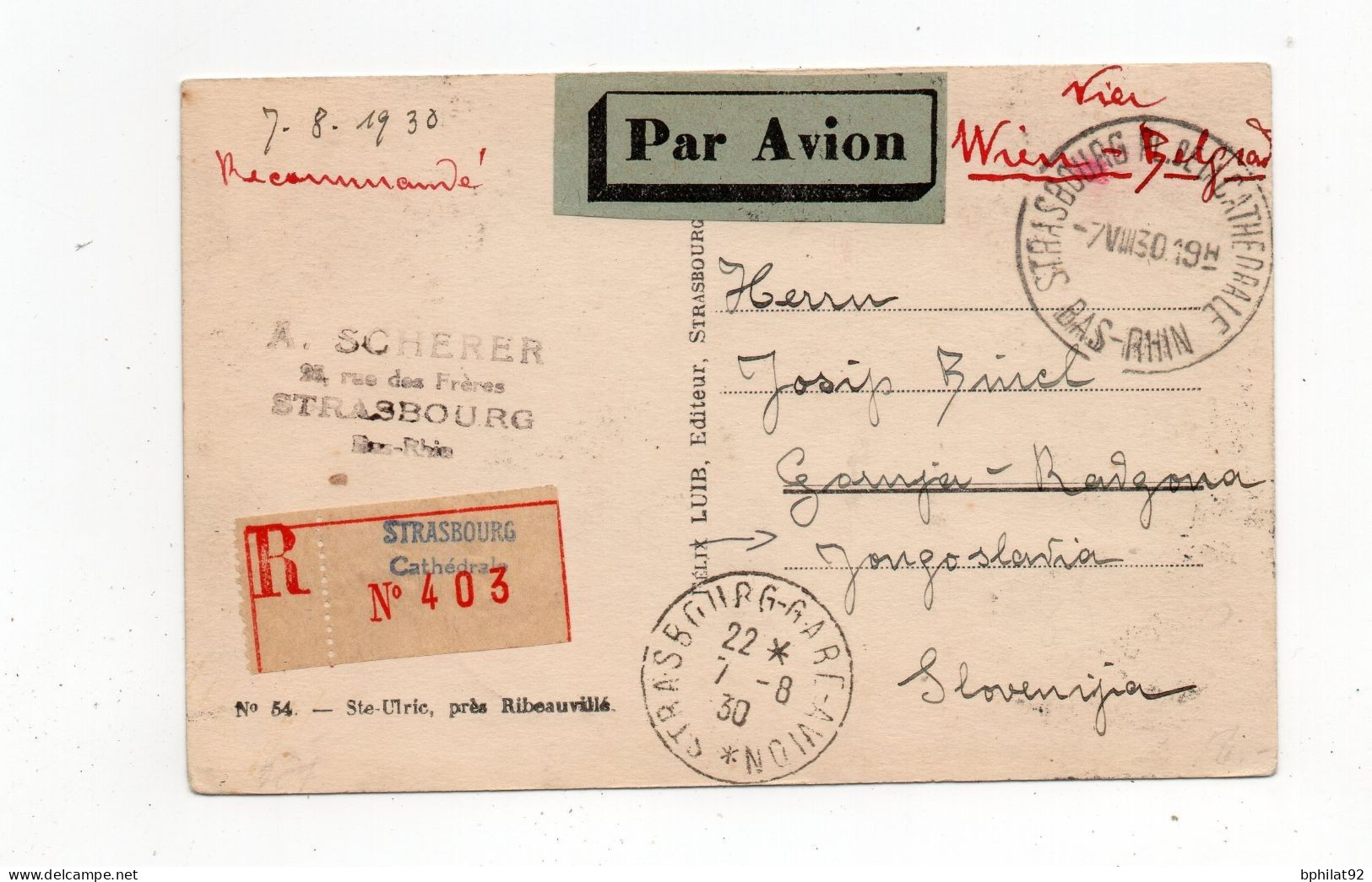 !!! CPA RECOMMANDEE PAR AVION DE STRASBOURG POUR LA YOUGOSLAVIE DE 1930, AFFRANCH 3F MERSON - 1927-1959 Lettres & Documents