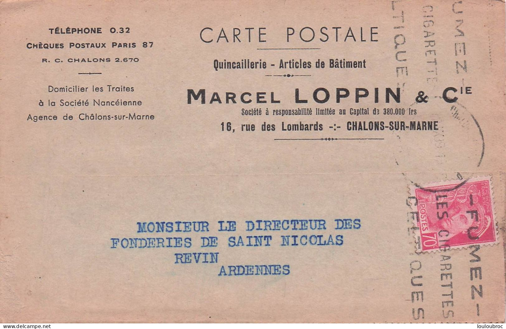 CHALONS SUR MARNE QUINCAILLERIE MARCEL LOPPIN 16 RUE DES LOMBARDS 1939 - Châlons-sur-Marne