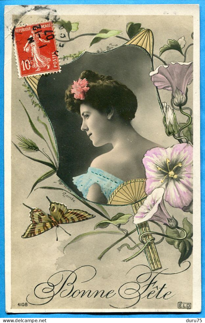 CPA 1907  Fantaisie Art Nouveau Bonne Fête Jeune Femme En Buste Dans Genre De Miroir Fleur Volubilis Papillon - L. Combe - Mujeres