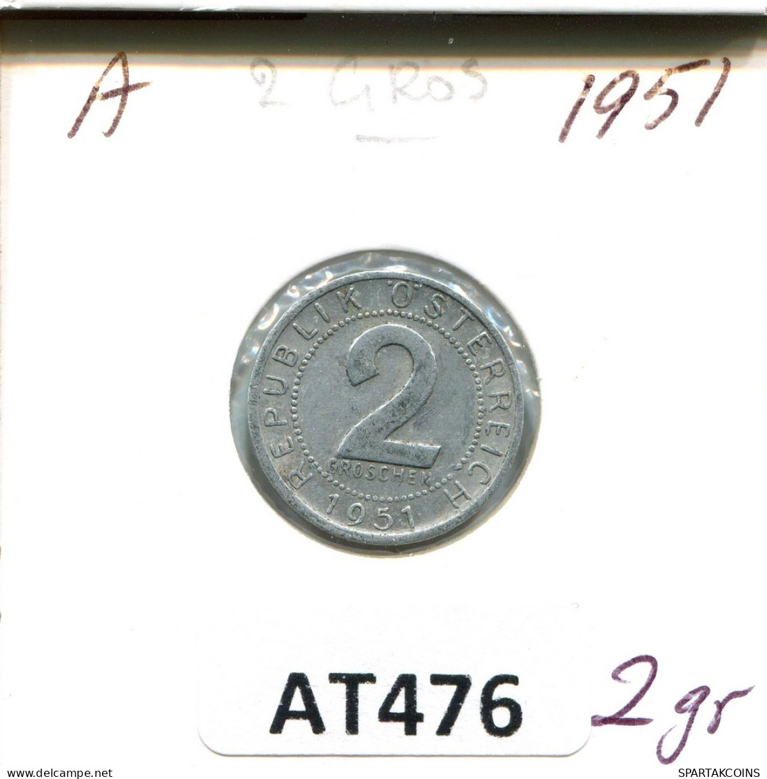 2 GROSCHEN 1951 AUTRICHE AUSTRIA Pièce #AT476.F.A - Oostenrijk