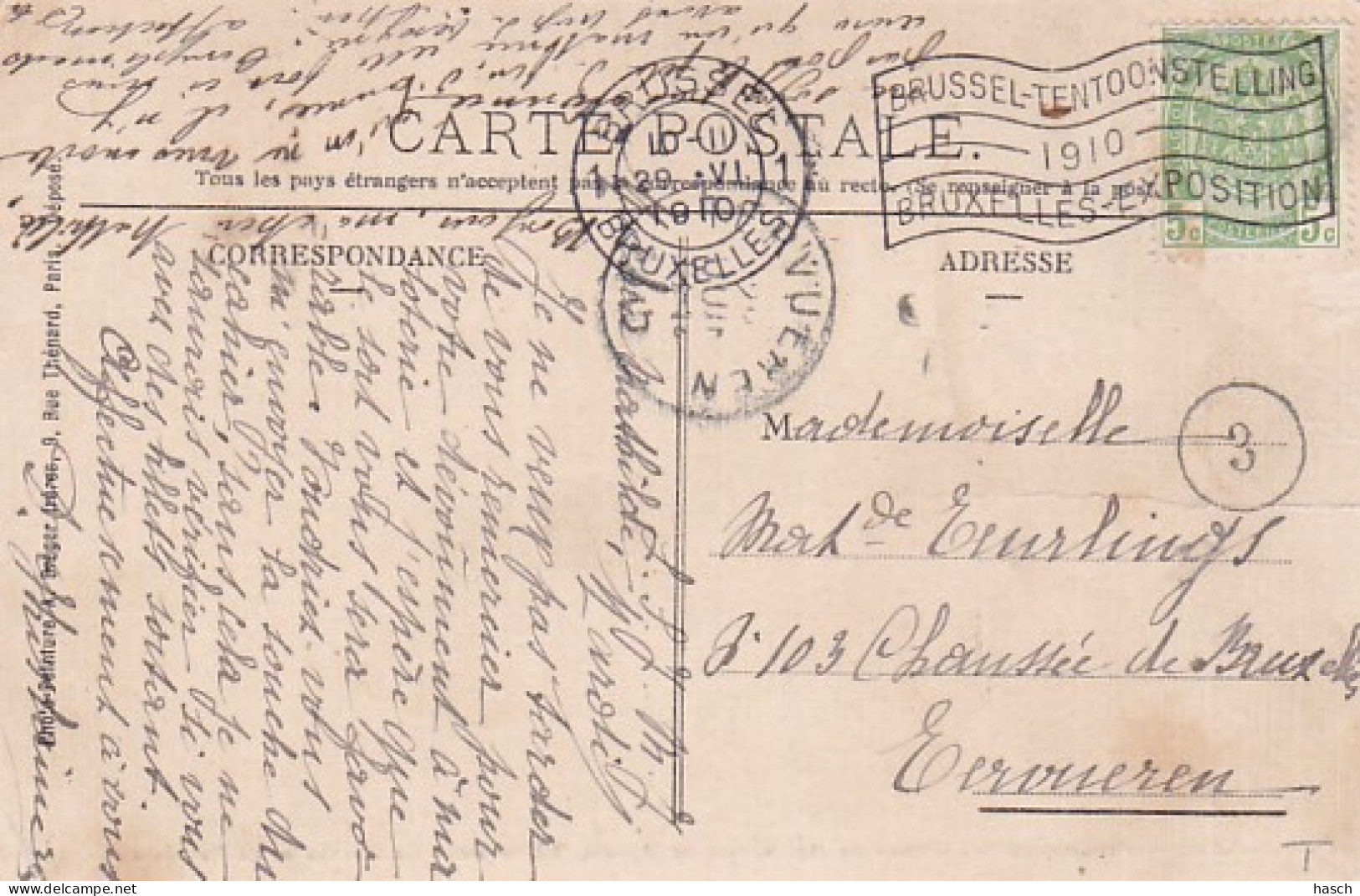 3726	107	Bruxelles, Pensionnat Des Dames De Marie (poststempel 1910)(linksboven Een Vouw, Rechtsonder Een Klein Vouwtje) - Bauwerke, Gebäude