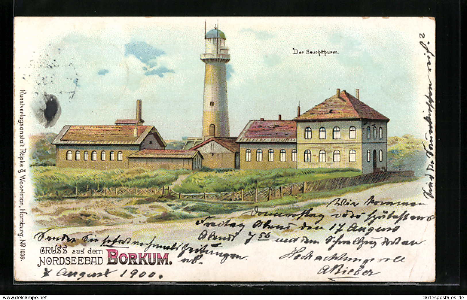 Lithographie Borkum, Leuchtturm, Nächtlicher Betrieb  - Borkum