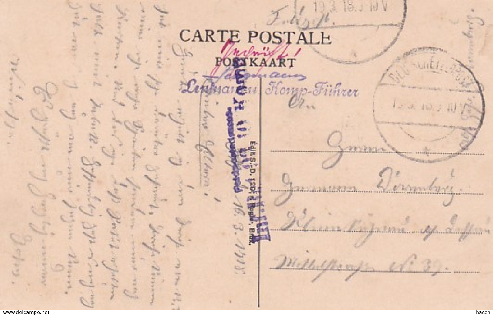 3726	181	Comines, La Douane Francaise (poststempel 1918) (In Rood; Geprüft  (Naam Leutenant) Leutnant U Komp – Führer In - Oorlog 1914-18