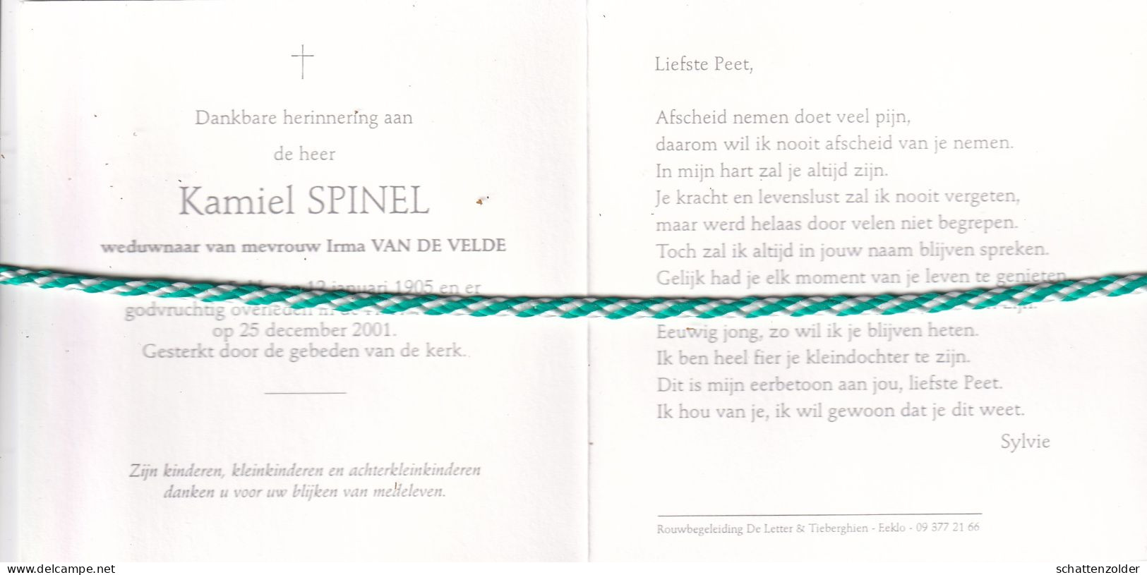 Kamiel Spinel-Van De Velde, Eeklo 1905, 2001 - Todesanzeige