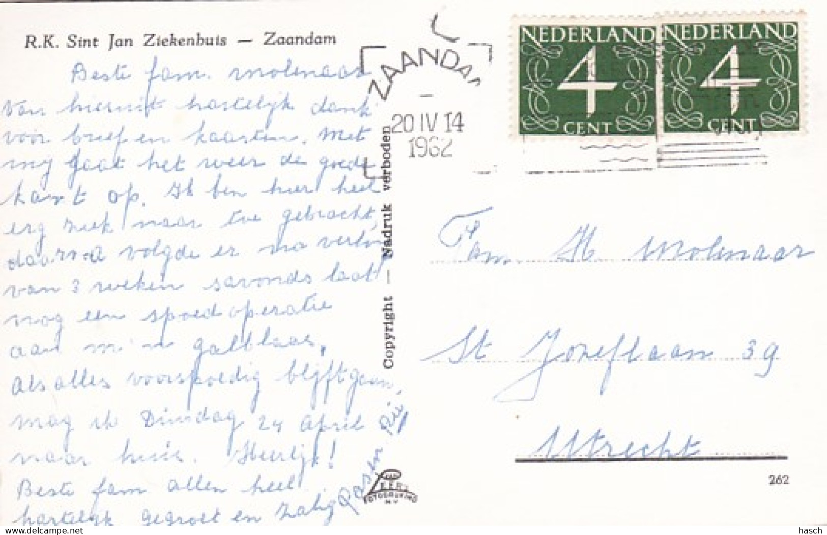 481654Zaandam, R. K. Sint Jan Ziekenhuis. (poststempel 1962)(kleine Beschadiging Hoeken) - Zaandam