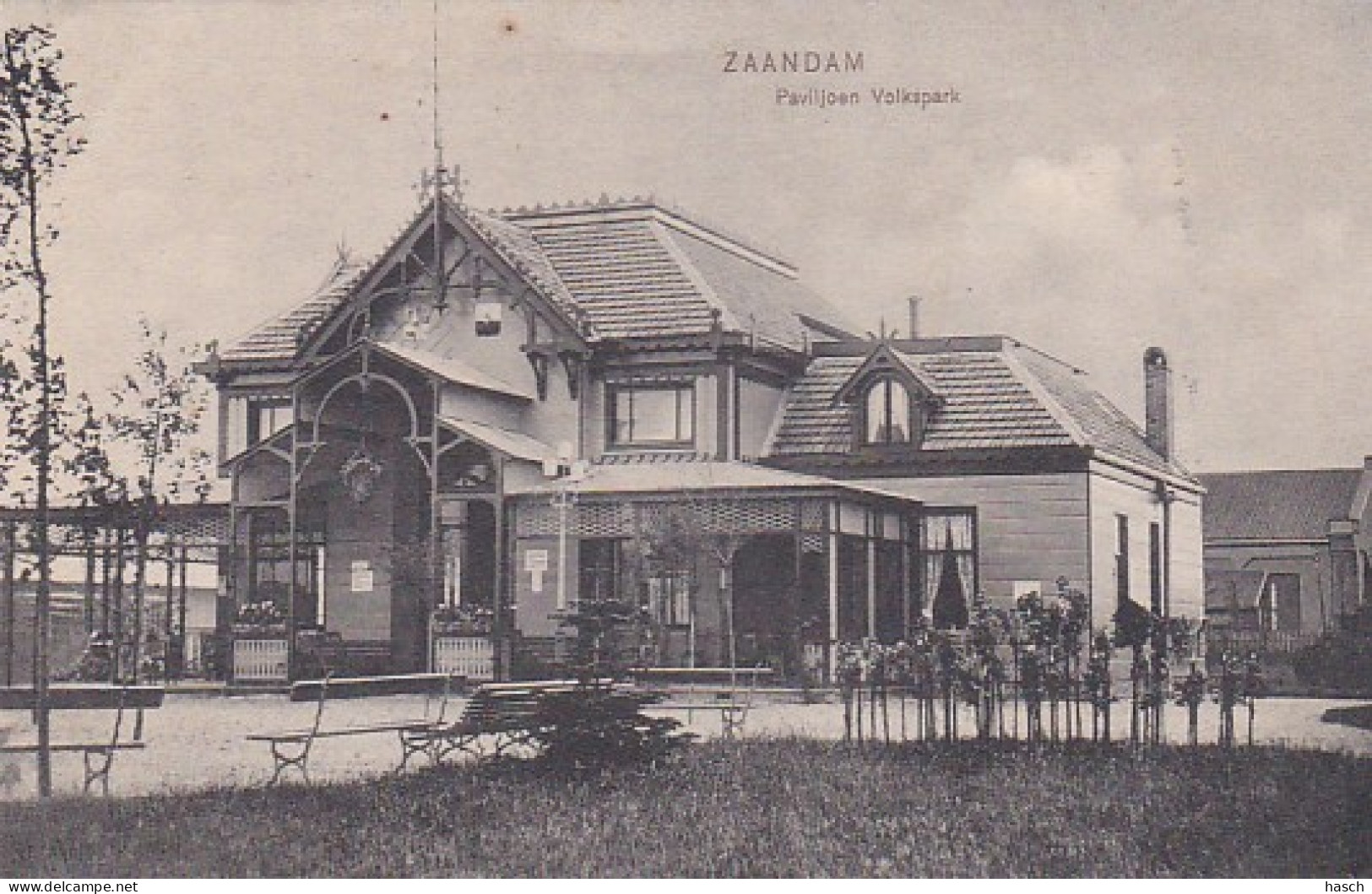 481684Zaandam, Paviljoen Volkspark. (zie Achterkant D. Koene.)(achterkant Begint Los Te Laten, Kleine Vouw Linksboven) - Zaandam