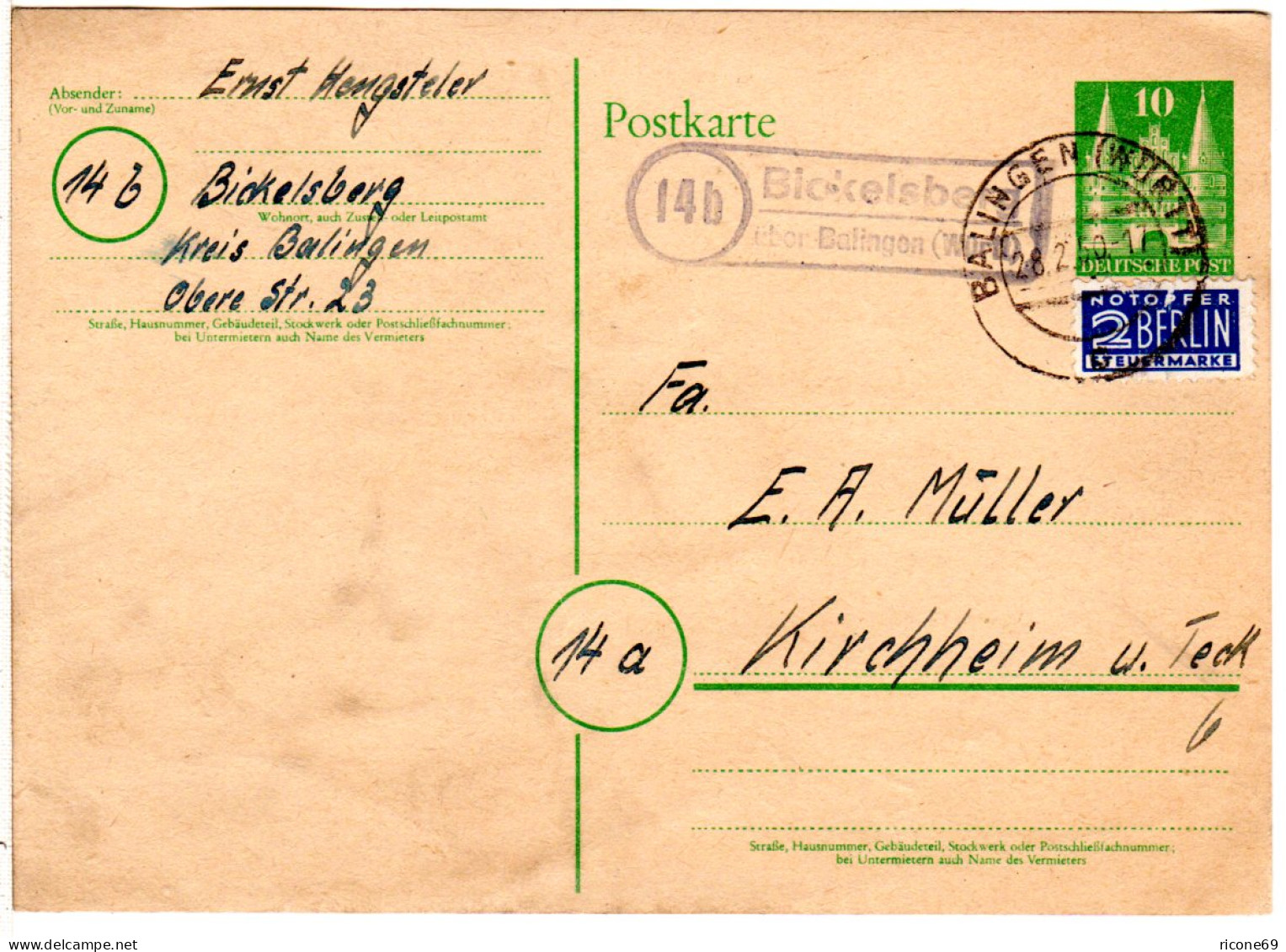 BRD 1950, Landpost Stpl. 14b BICKELSBERG über Balingen Auf 10 Pf. Ganzsache. - Collections
