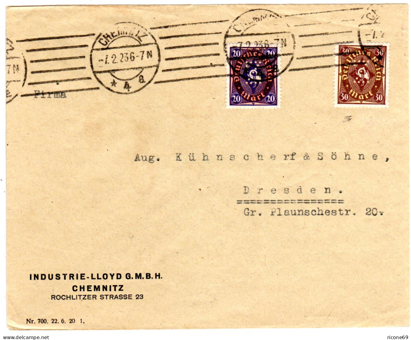 DR 1923, 20+30 Mk.. M. Perfin Firmenlochung Z Auf Firmen Brief V. Chemnitz - Lettres & Documents