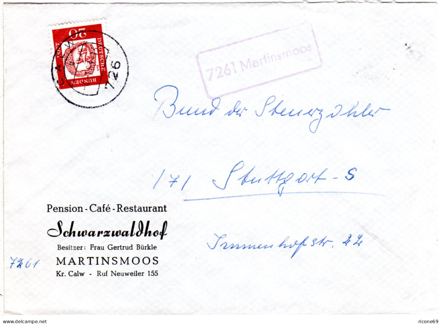 BRD 1963, Landpost Stpl. 7261 MARTINSMOOS Auf Gastronomie Brief M. 20 Pf. - Storia Postale