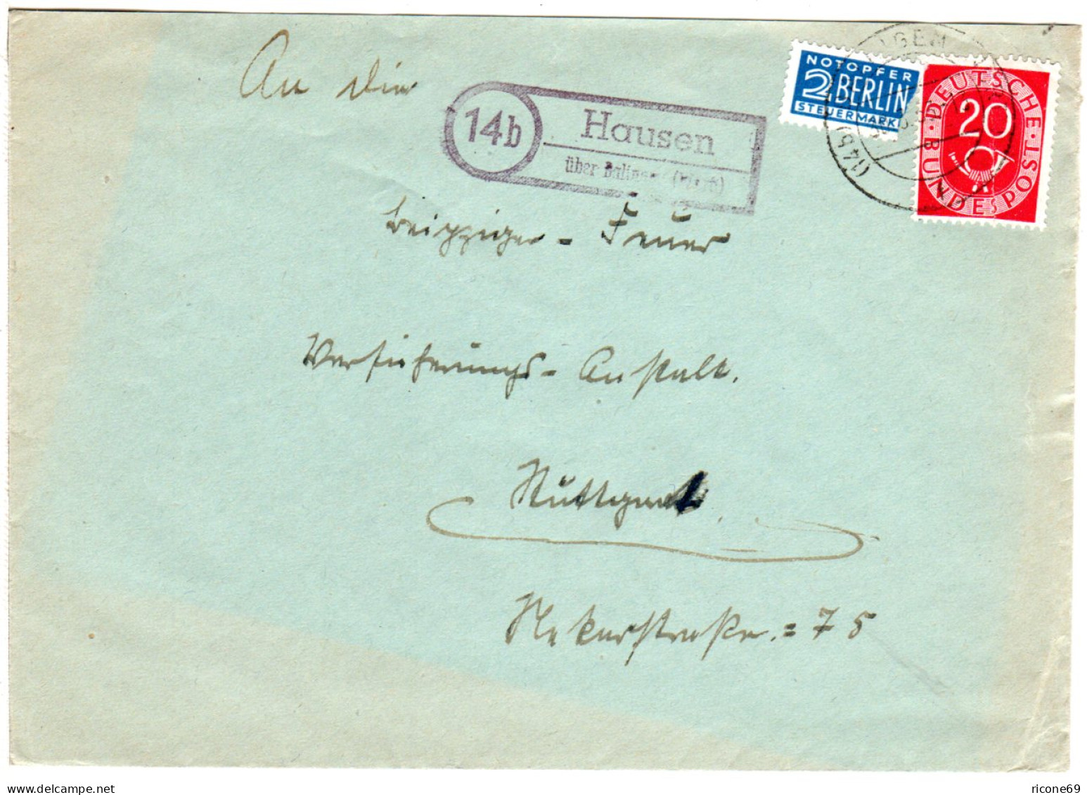 BRD 1953, Landpost Stpl. 14b HAUSEN über Balingen Auf Brief M. 20 Pf. - Collezioni