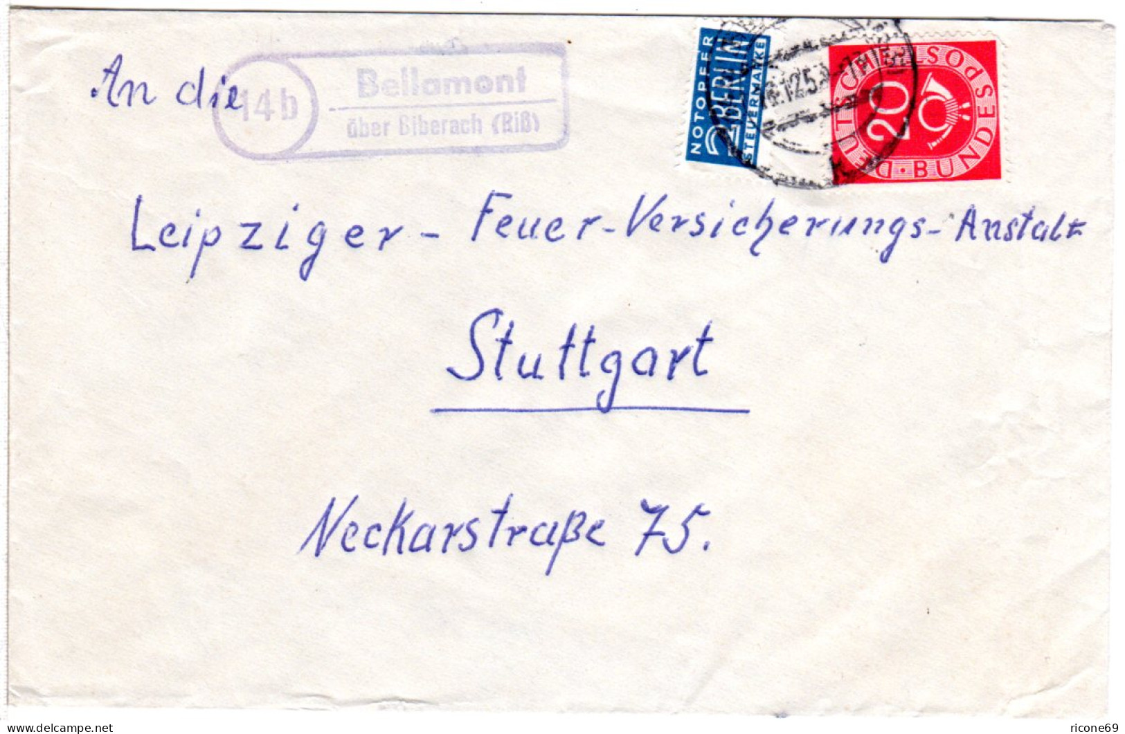 BRD 1954, Landpost Stpl. 14b BELLAMONT über Biberach Auf Brief M. 20 Pf. - Colecciones