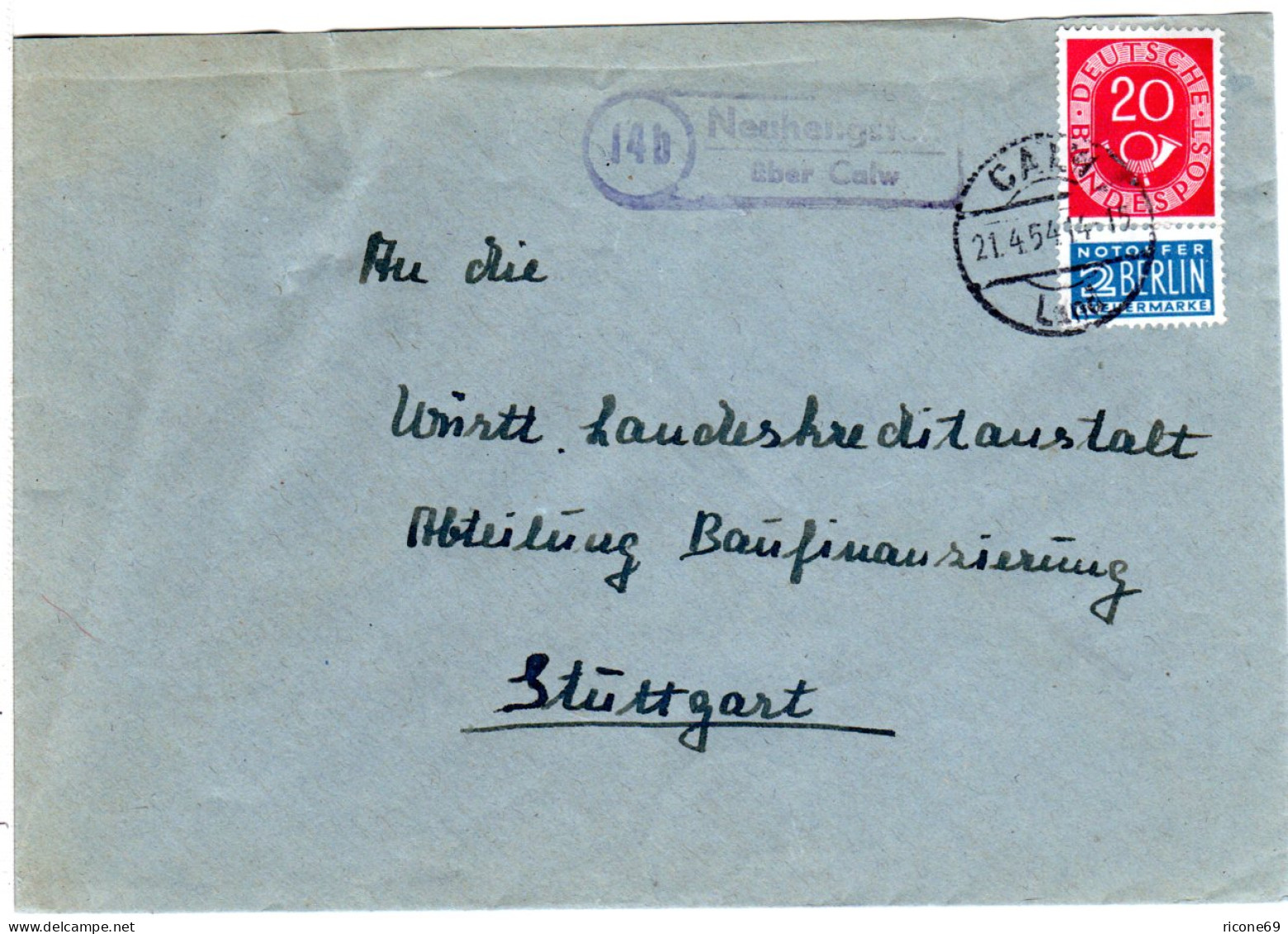 BRD 1954, Landpost Stpl. 14b NEUHENGSTETT über Calw Auf Brief M. 20 Pf. - Colecciones