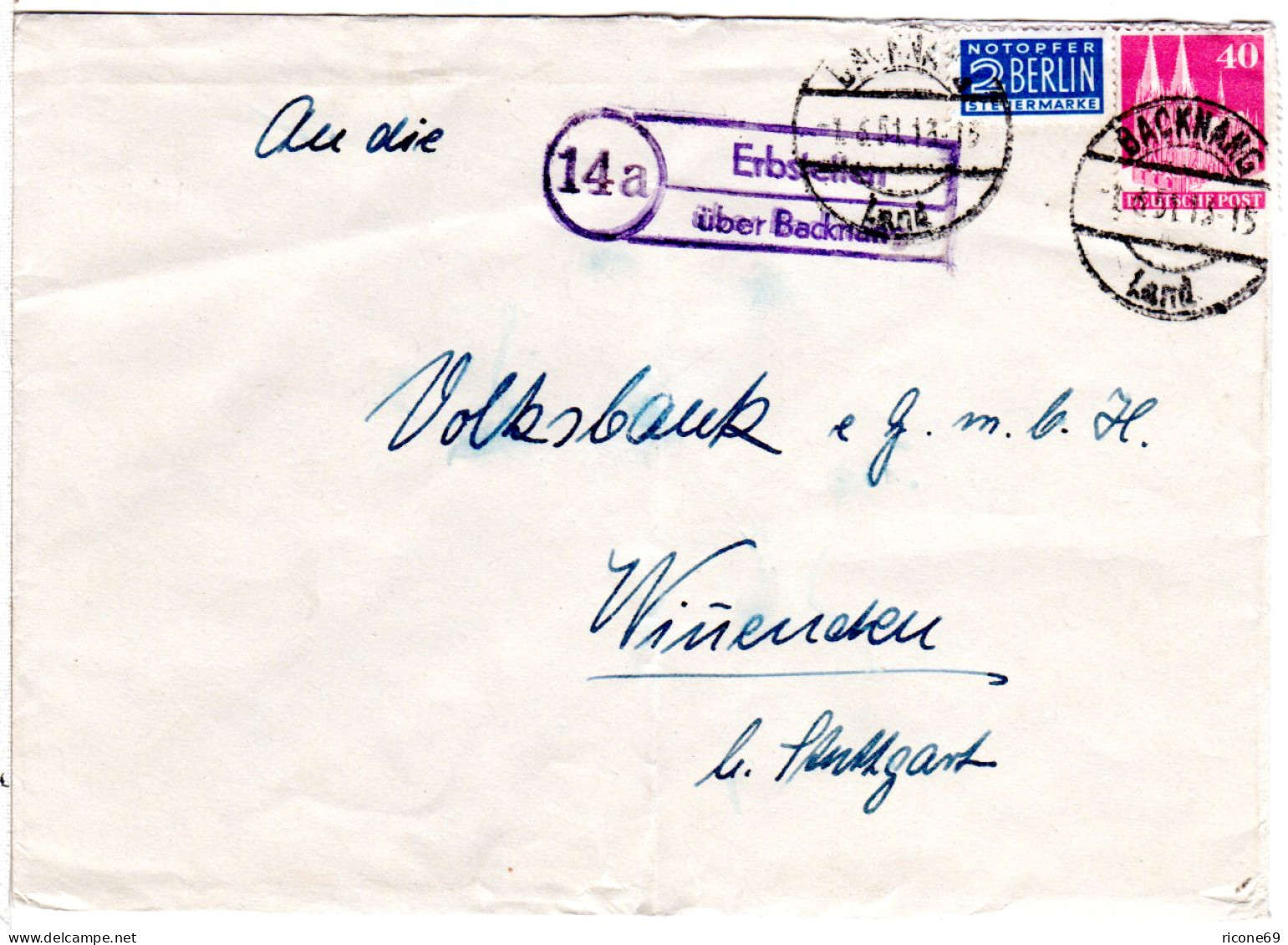 BRD 1951, Landpost Stpl. 14a ERBSTETTEN über Backnang Auf Brief M. 40 Pf. - Collections