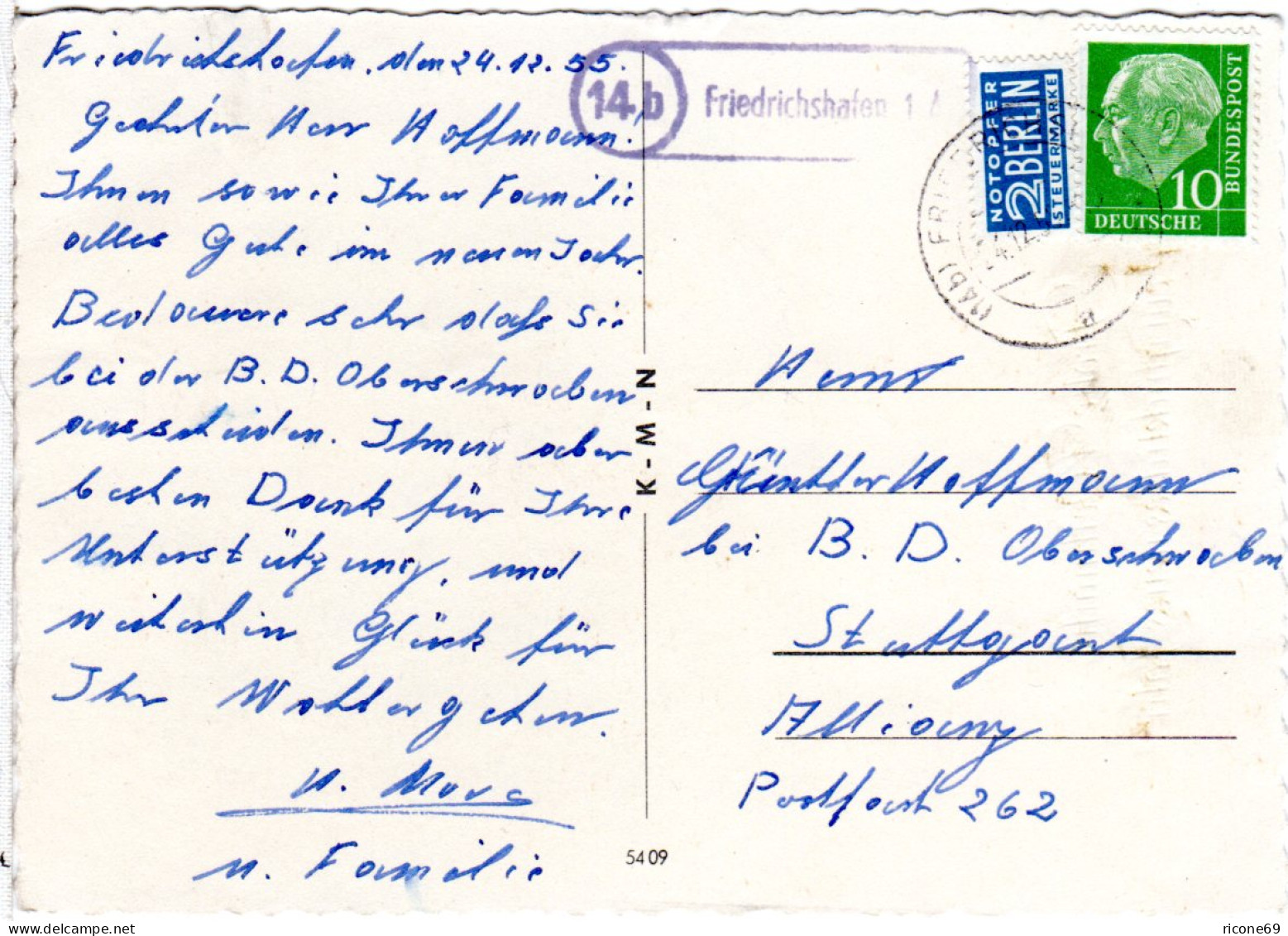 BRD 1955, Landpost Stpl. 14b FRIEDRICHSHAFEN 1 A Auf Karte M. 10 Pf. - Covers & Documents