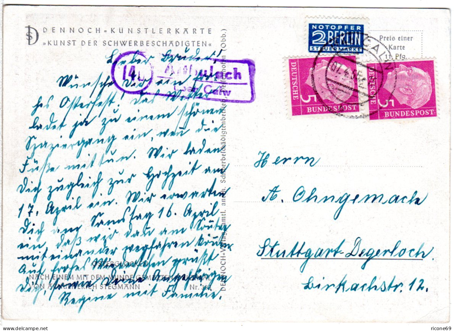 BRD 1955, Landpost Stpl. 14b ALTBULACH über Calw Auf Karte M. 2x5 Pf. - Colecciones