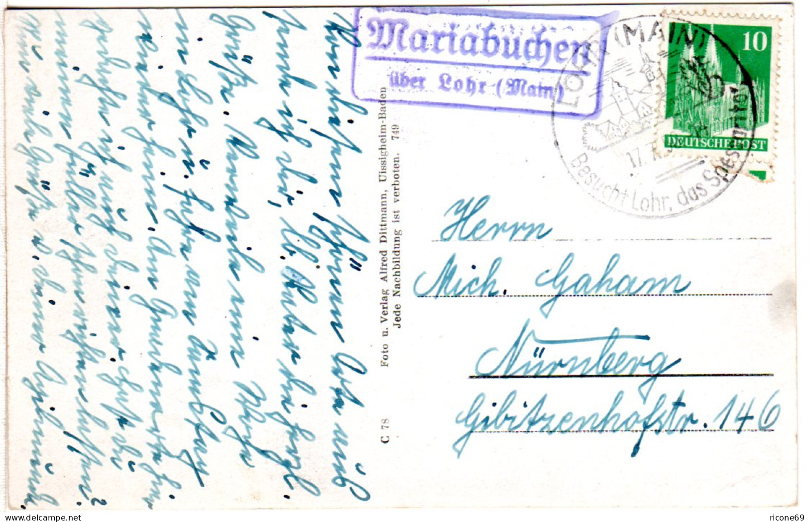 BRD 1950, Landpost Stpl. MARIABUCHEN über Lohr Auf Karte M. 10 Pf. - Collections