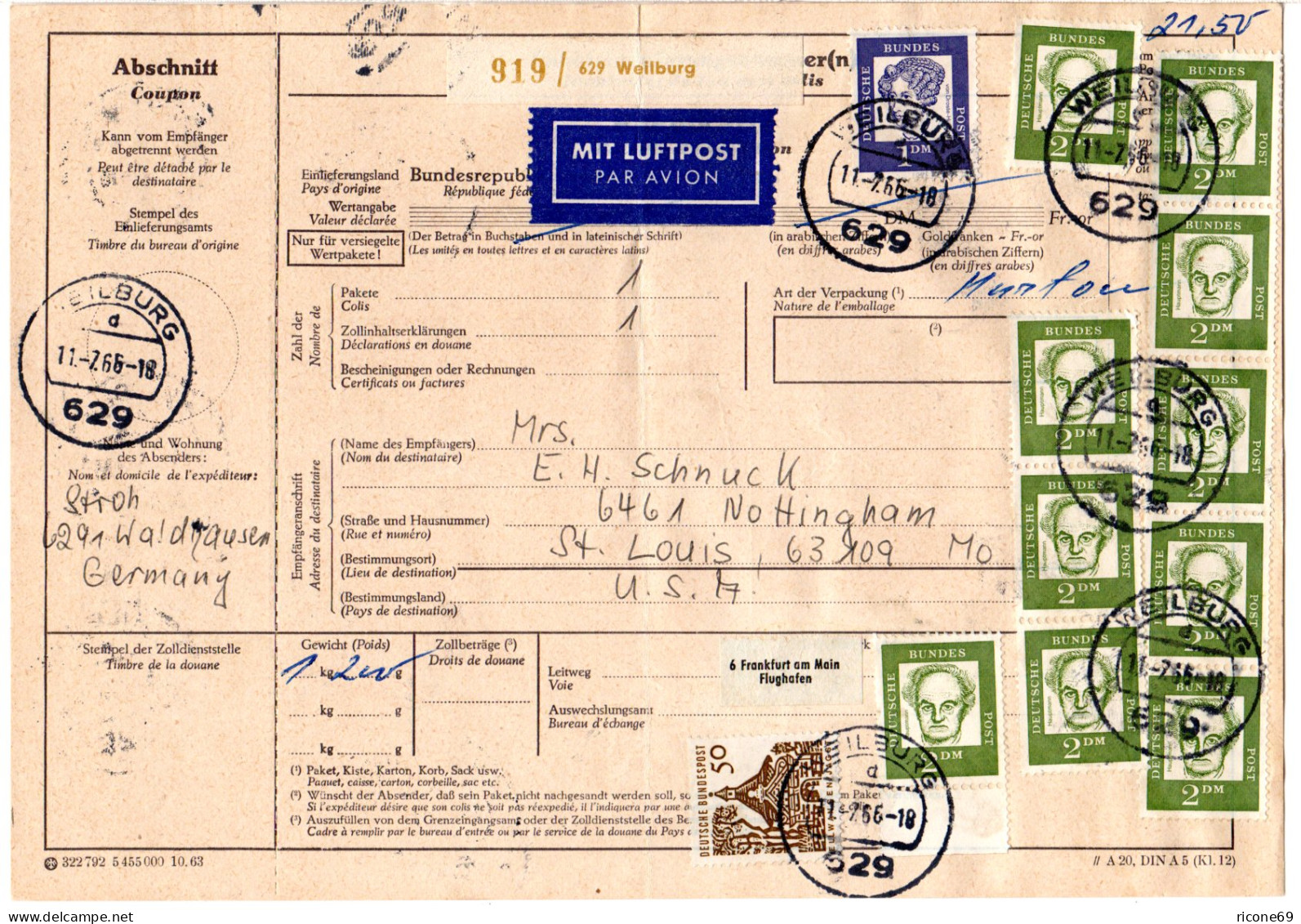 BRD 1966, Massenfrankatur 10x2+1 DM+50 Pf. Auf Luftpost Paketkarte V. Weilburg - Storia Postale