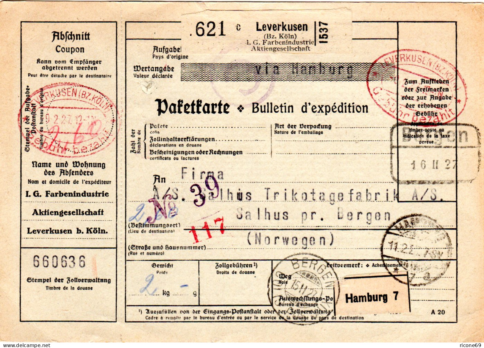 DR 1927, Paketkarte M. Gebühr Bezahlt Ovalstempel V. Leverkusen N. Norwegen - Brieven En Documenten