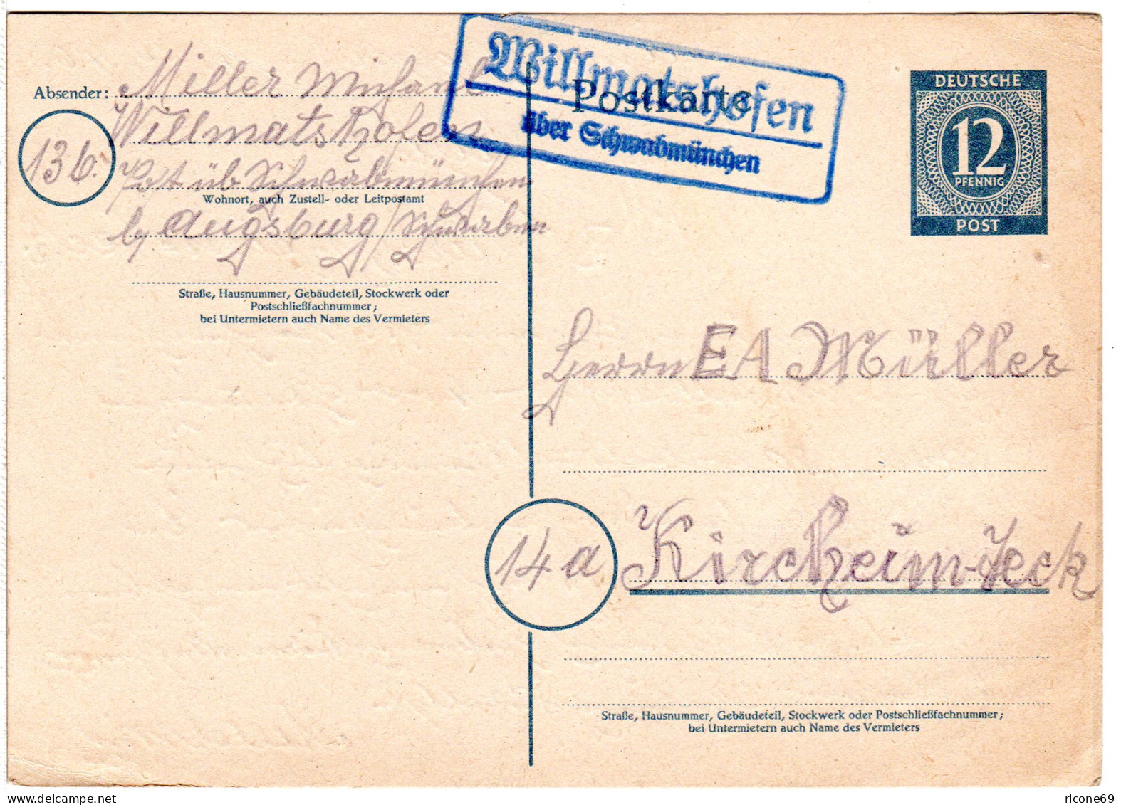 1946, Landpost Stpl. WILLMATSHOFEN über Schwabmünchen Auf 12 Pf. Ganzsache - Collections