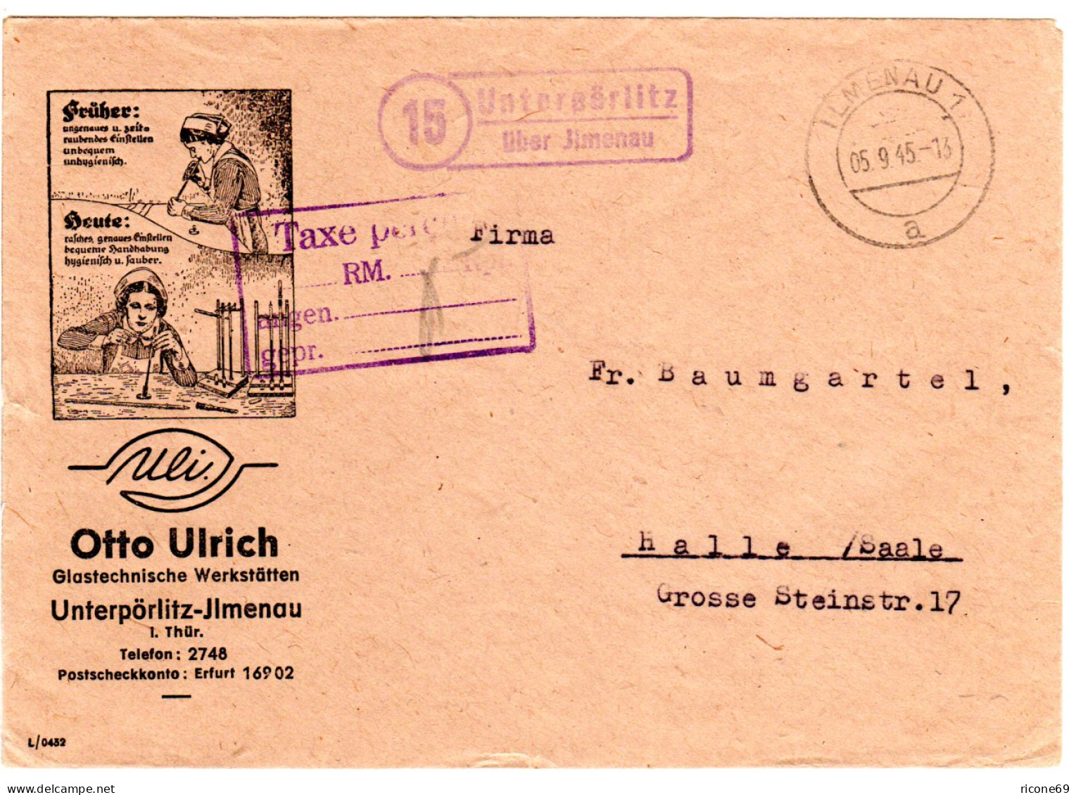 1945, Landpost Stempel 15 UNTERPÖRLITZ über Jlmenau Auf Frühem Taxe Percu Brief! - Covers & Documents