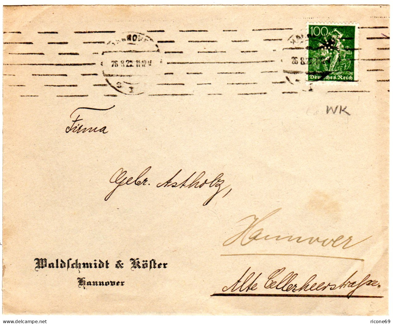 DR 1922, 100 Pf. M. Perfin Firmenlochung WK Auf Firmen Brief V. Hannover. - Cartas & Documentos