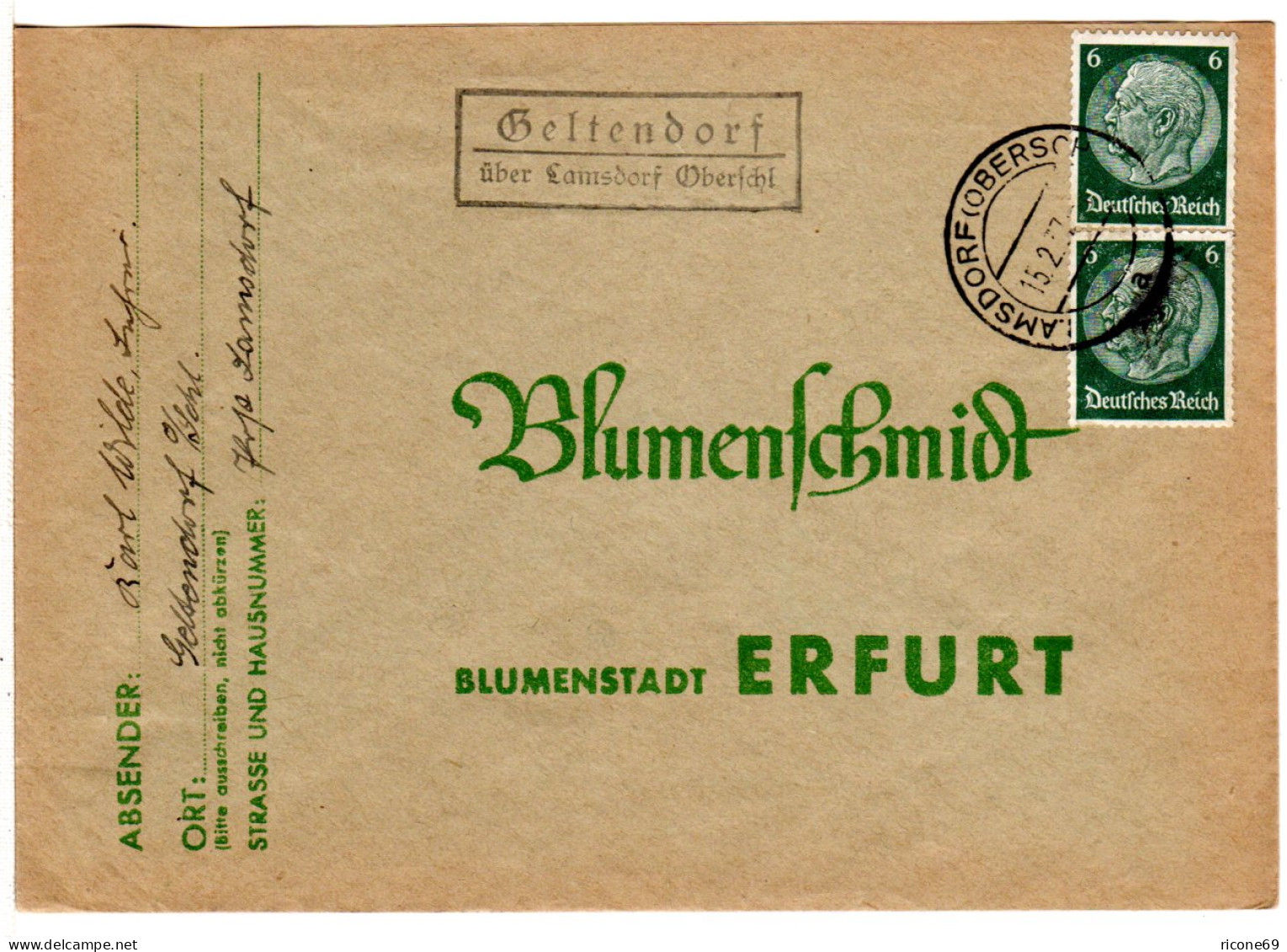 DR 1937, Landpost Stpl. GELTENDORF über Lamsdorf Oberschl Auf Brief M. 2x6 Pf. - Storia Postale