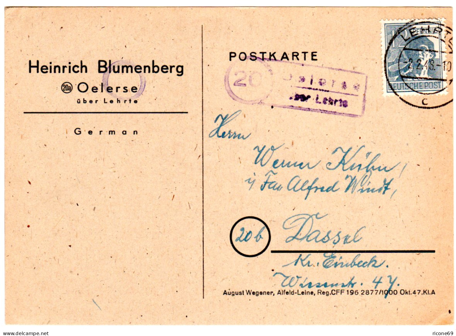 1948, Landpost Stempel 20 OELERSE über Lehrte Auf Karte M. 12 Pf. - Sammlungen