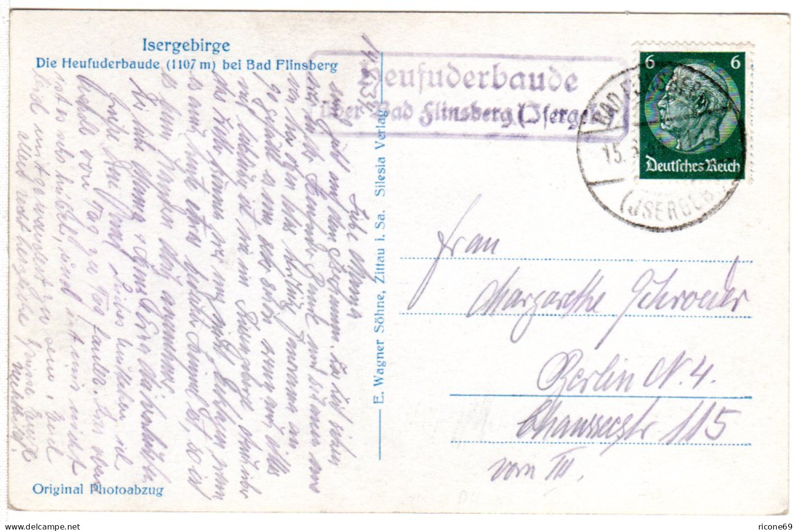 DR 1941, Landpost Stpl. HEUFUDERBAUDE über Bad Flinsberg Auf AK M. 6 Pf. - Ehemalige Dt. Kolonien