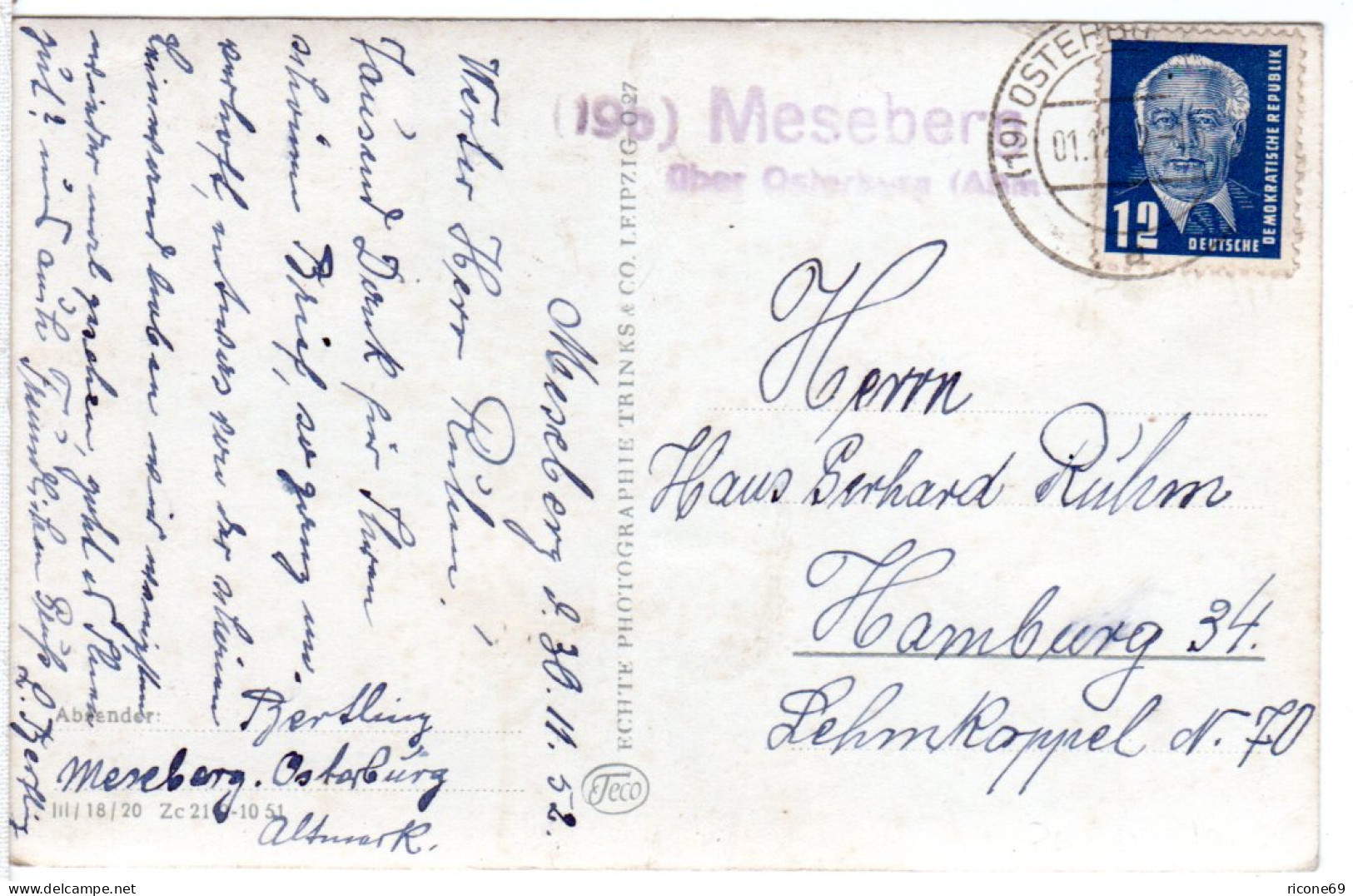 DDR 1952, Landpost Stpl. 19b MESEBERG über Osterburg Auf AK M. 12 Pf. - Autres & Non Classés