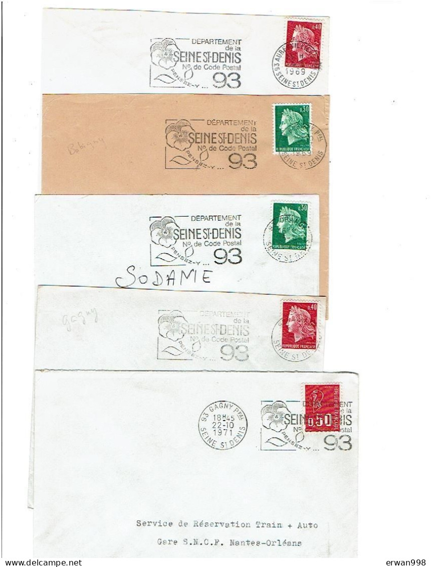 93  SEINE SAINT DENIS  N° De Code Postal 93 Pensez Y - 12 Flammes SECAP Différentes S/ Env. Entières Liste Jointe  1170 - Mechanical Postmarks (Advertisement)